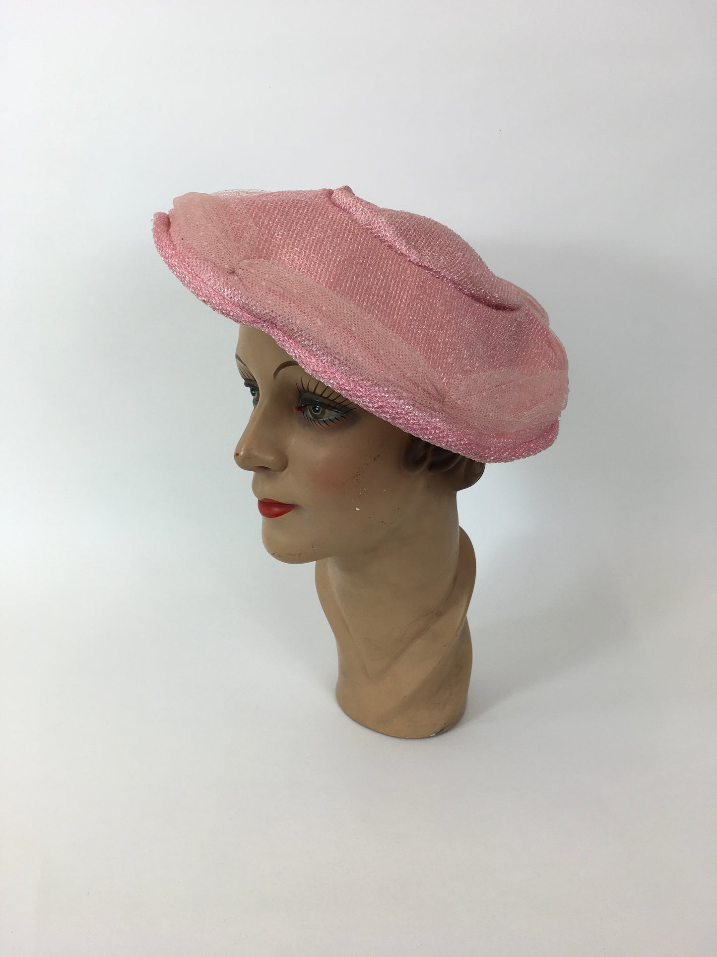 Original 1950’s Darling Powder Pink Platter Hat - With Attached Polka Dot Veiling and Bow