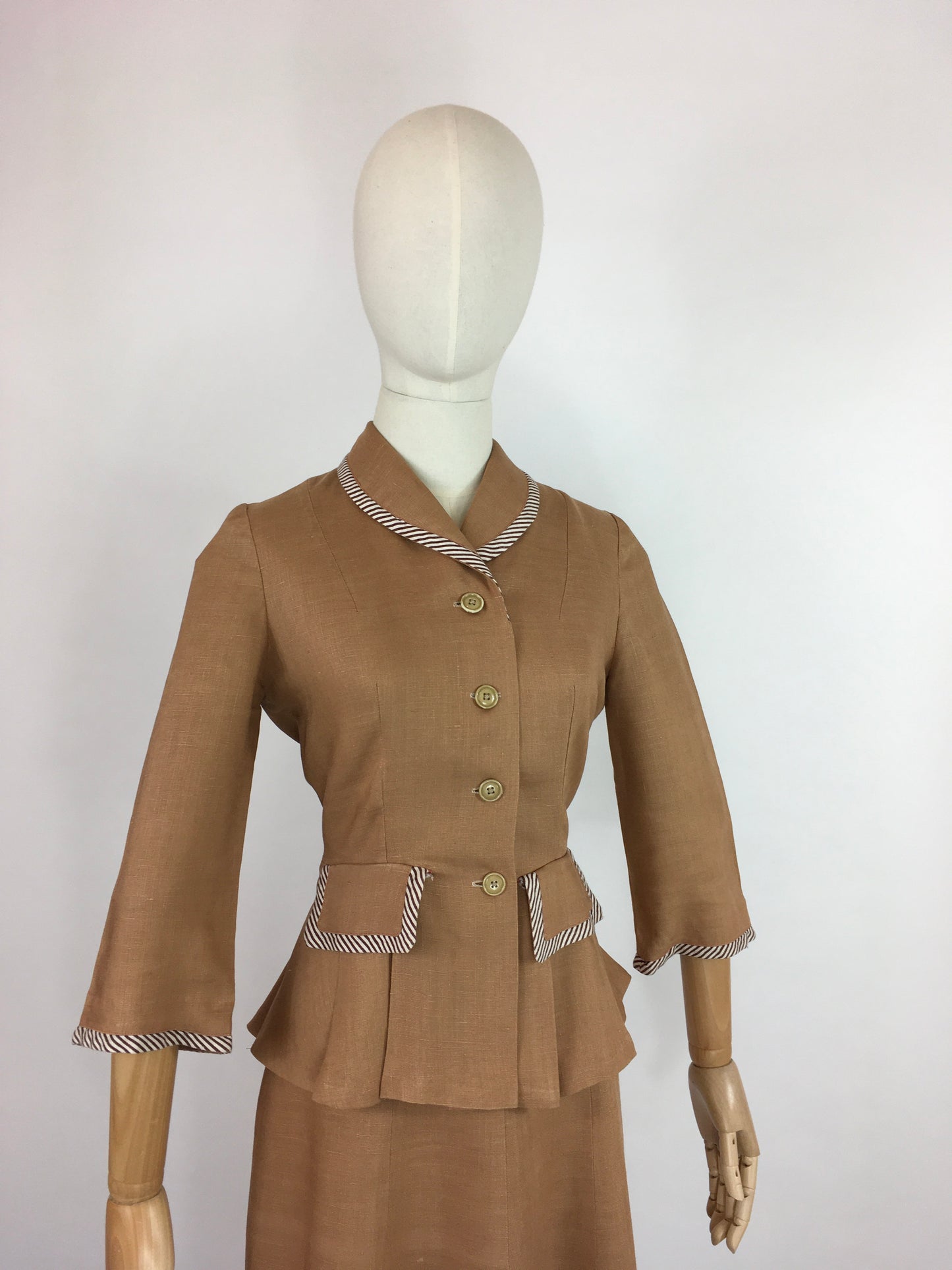 Original 1940’s 2 Piece Suit - In a Beautiful Soft Caramel Linen Colour With Contrast Stripe Detailing