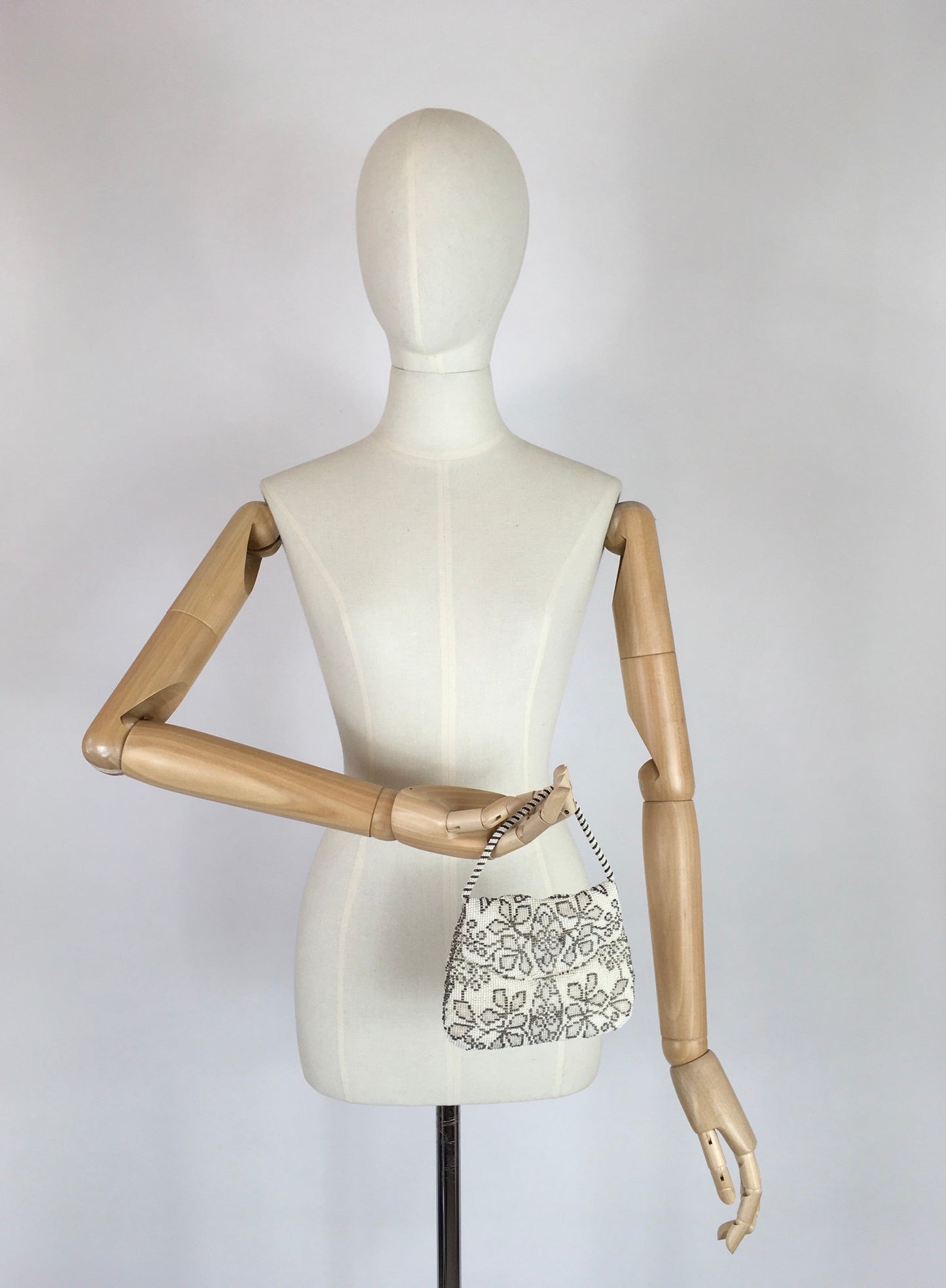 Original 1930s Beaded Evening Bag - With hues of Pastel Blush Pinks, Cornflower Blues and soft Greens on White