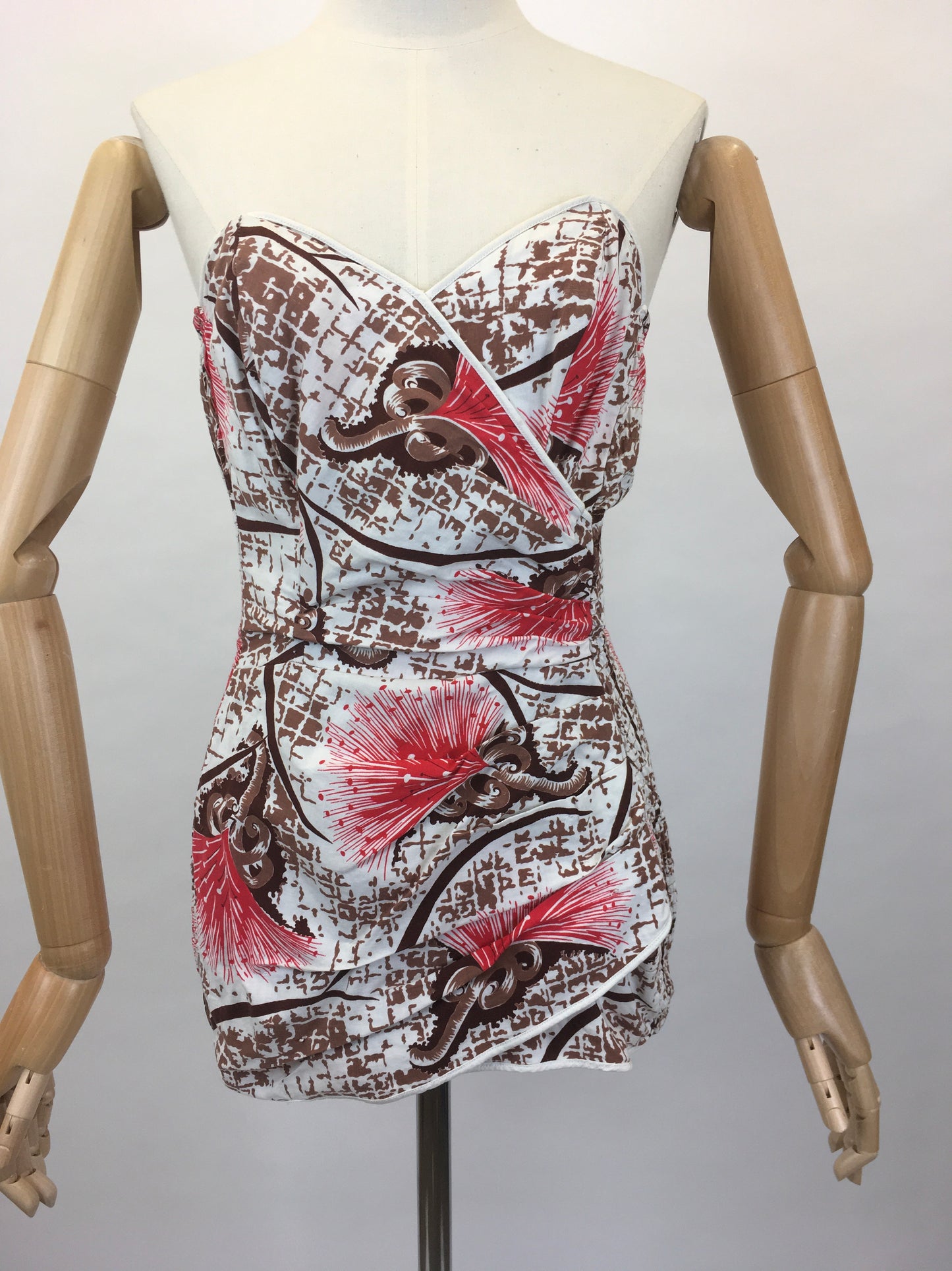 Original Late 1940s early 1950’s Bathing Costume - In a Fabulous Brown and Bright Coral Cotton