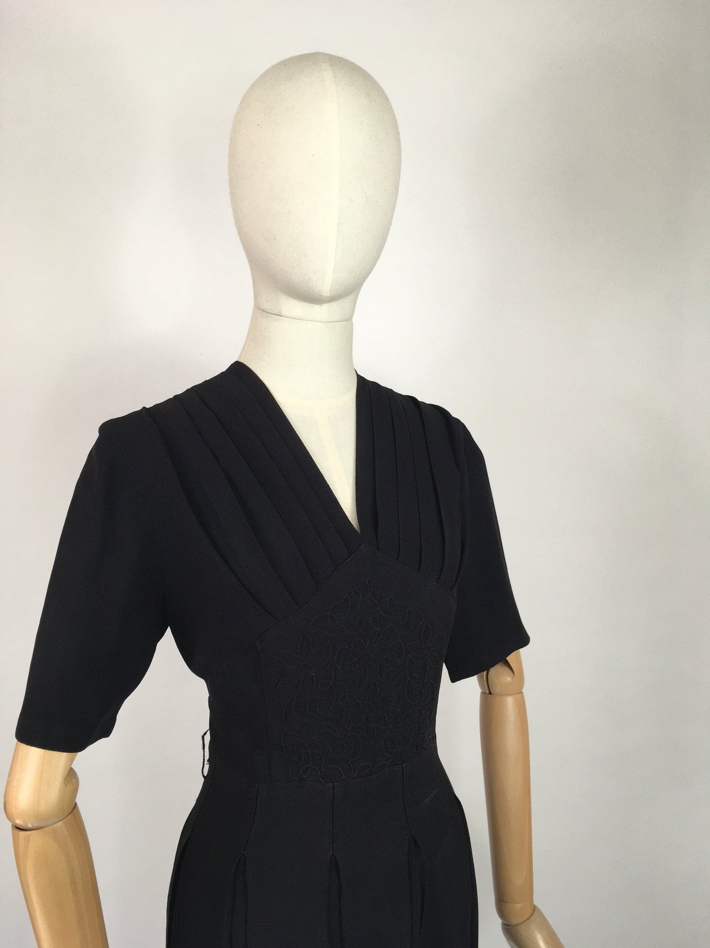 Original 1940’s Black Crepe Dress - With a Lovely Soutache Waist Panel Detailing