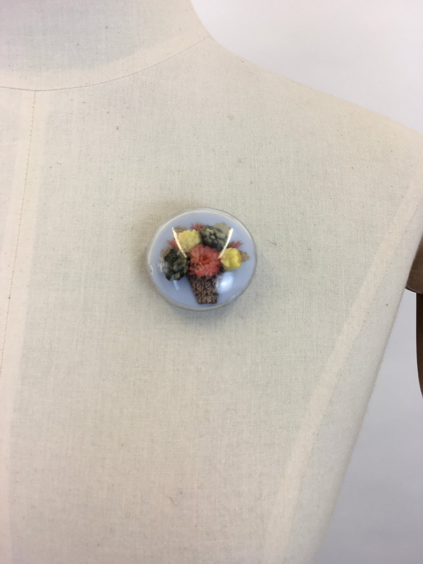 Original 1940s Lucite Brooch With Dried Flower Basket - In Lovely Soft Pastels