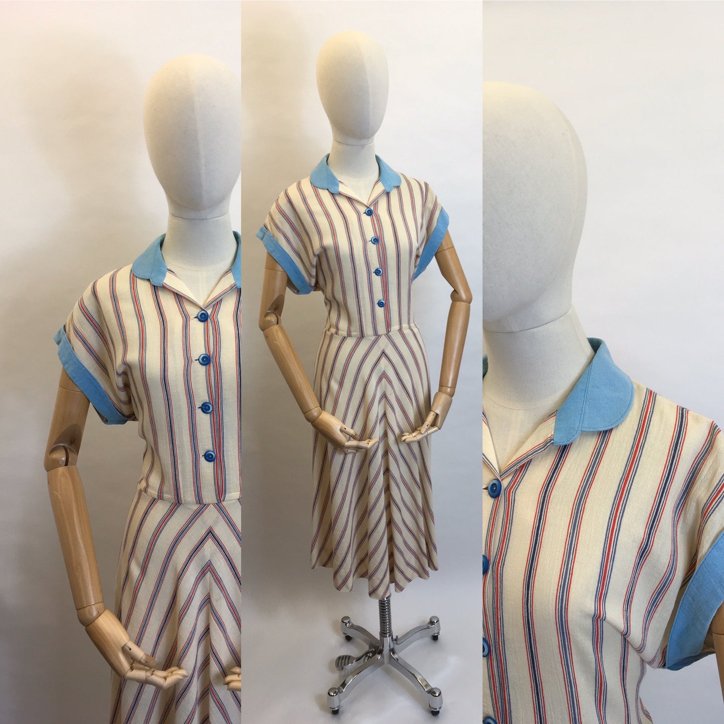 Original 1940’s Striped Day Dress - Lovely Cheesecloth fabric in Patriotic Colour Palette