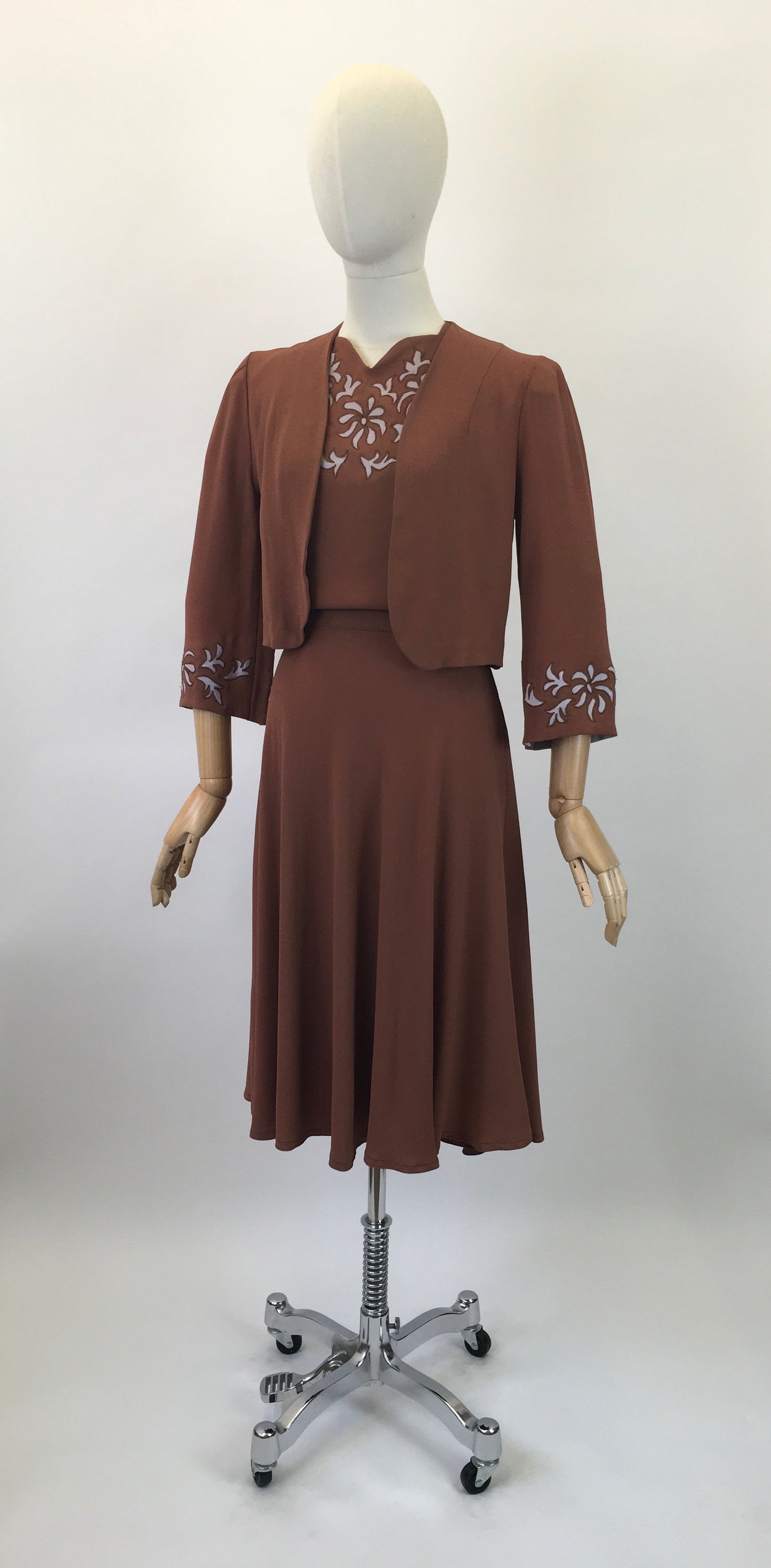 Original 1940's Darling 2Pc Dress & Bolero Set - In A Soft Brown With Grey Accents