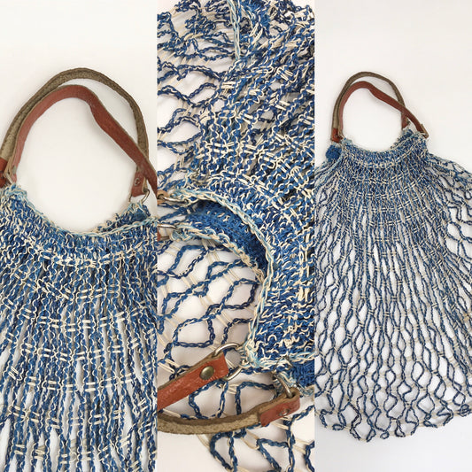 Original 1930’s / 1940’s Blue and White String Bag with Leather Handles - A Fabulous Piece Of Nostalgia
