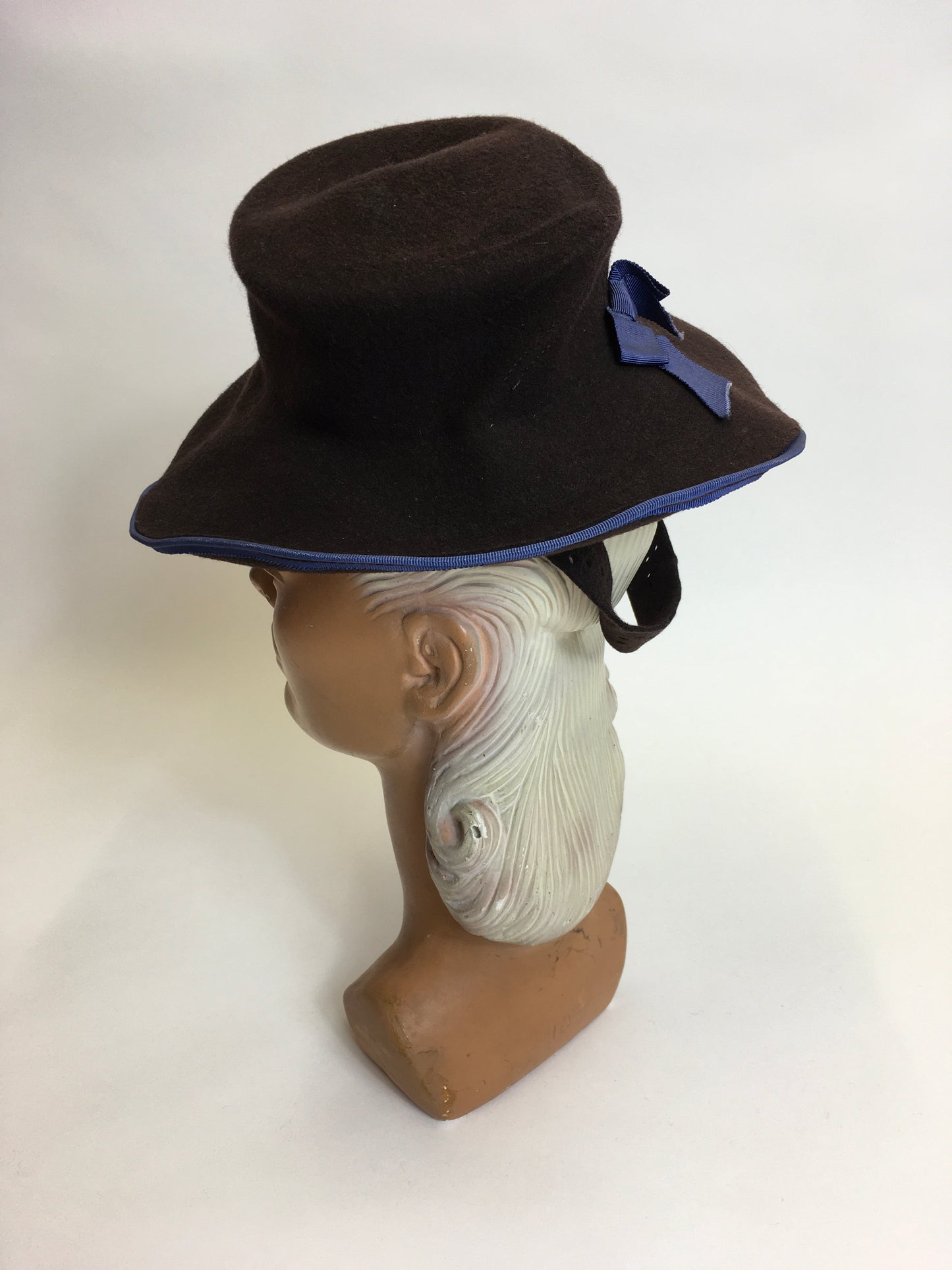 Original 1940’s Brown Felt Topper Hat - Adorned With A Powder Blue Bow