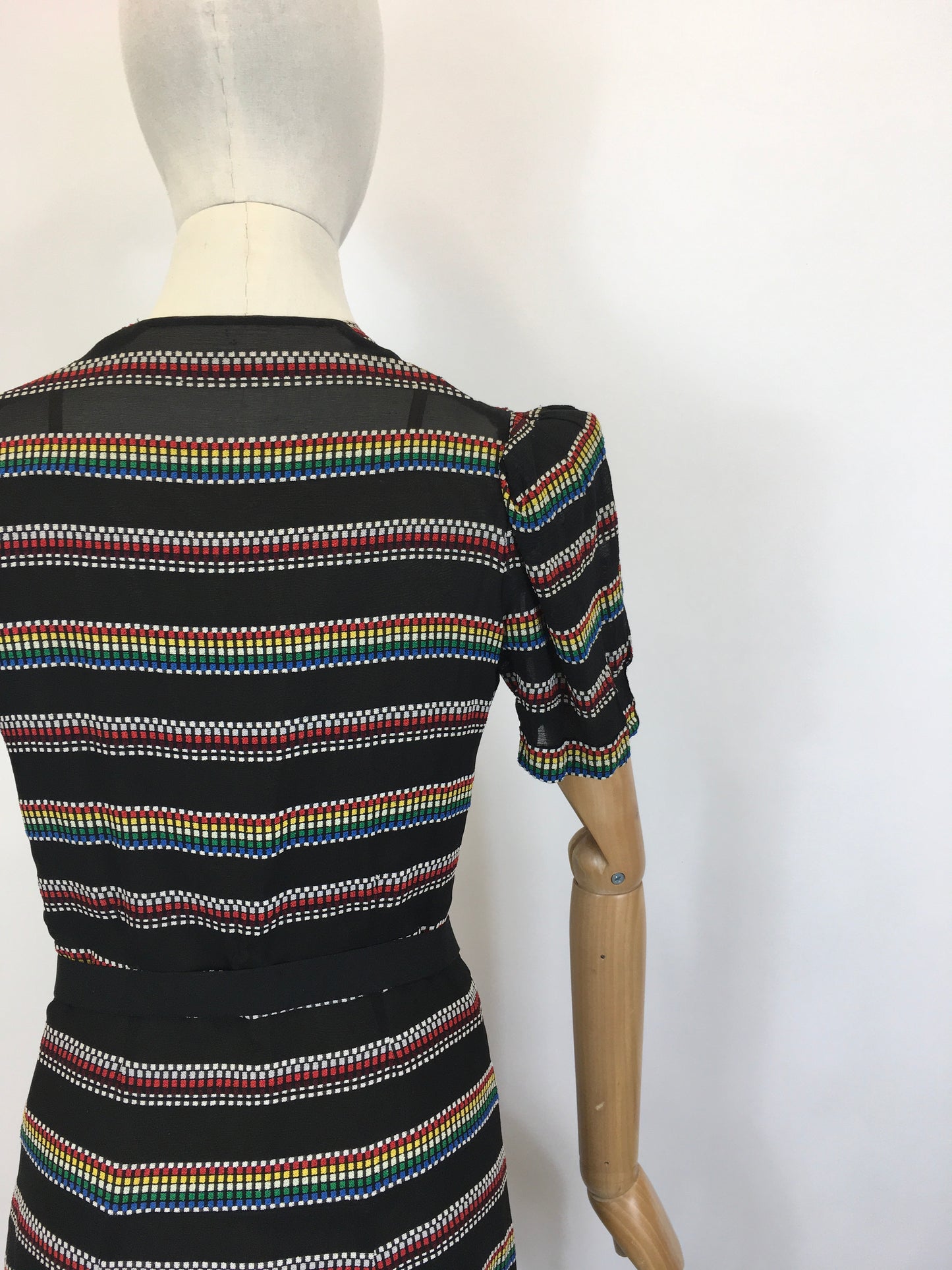 Original 1930’s Stunning Dress in a Sheer Crepe - With A Multicoloured Embroidered Weave