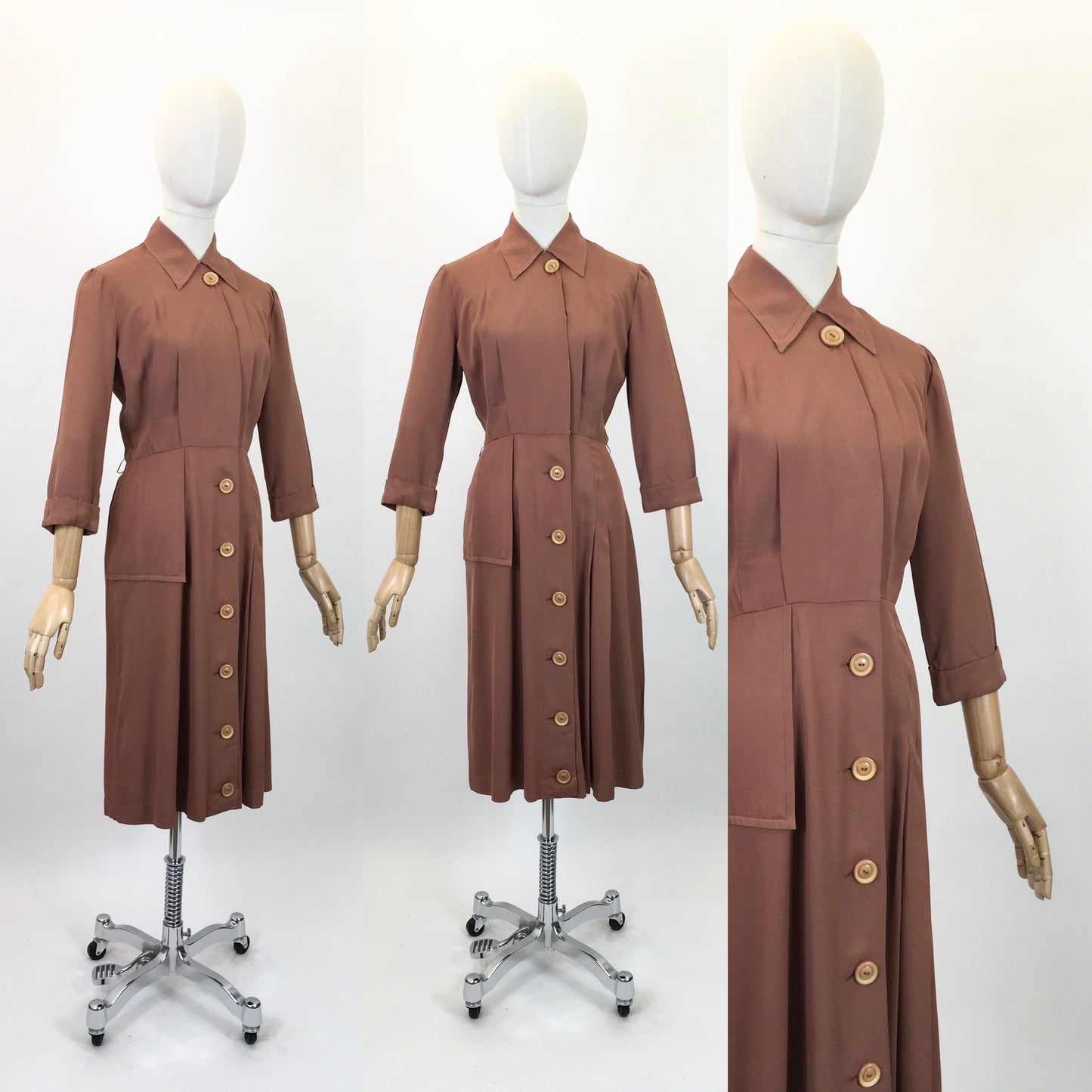 Original 1940's Darling Gaberdine Dress - In A Soft Chestnut Brown