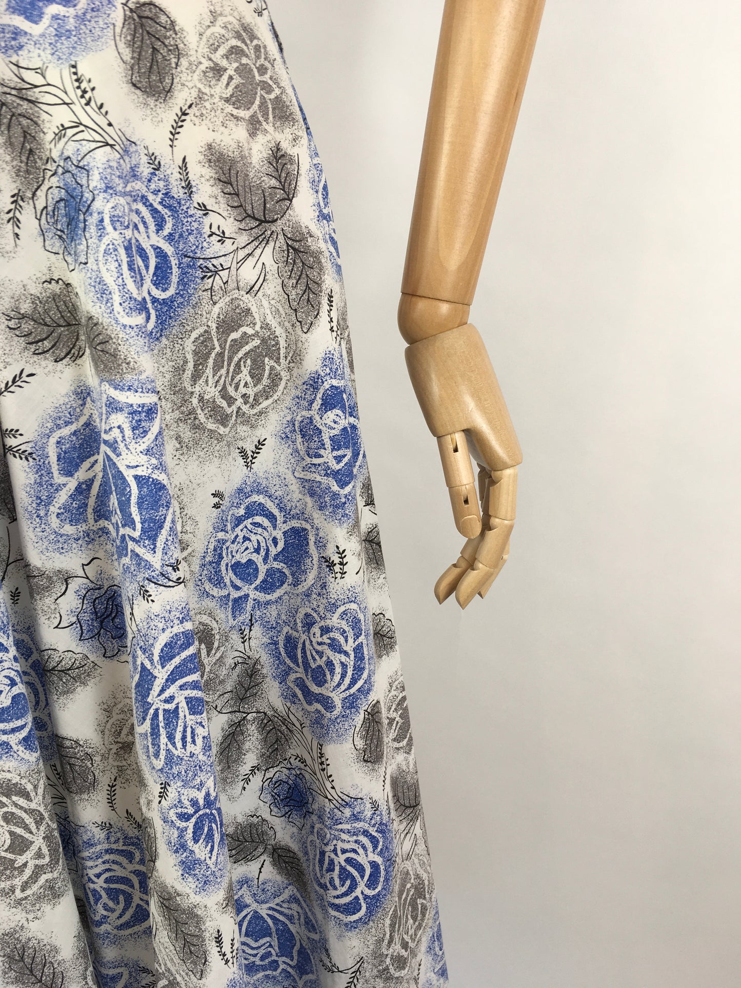 Original late 1940s Floral Dress - In A Crisp Cotton in Soft Greys, Charcoals and Blues