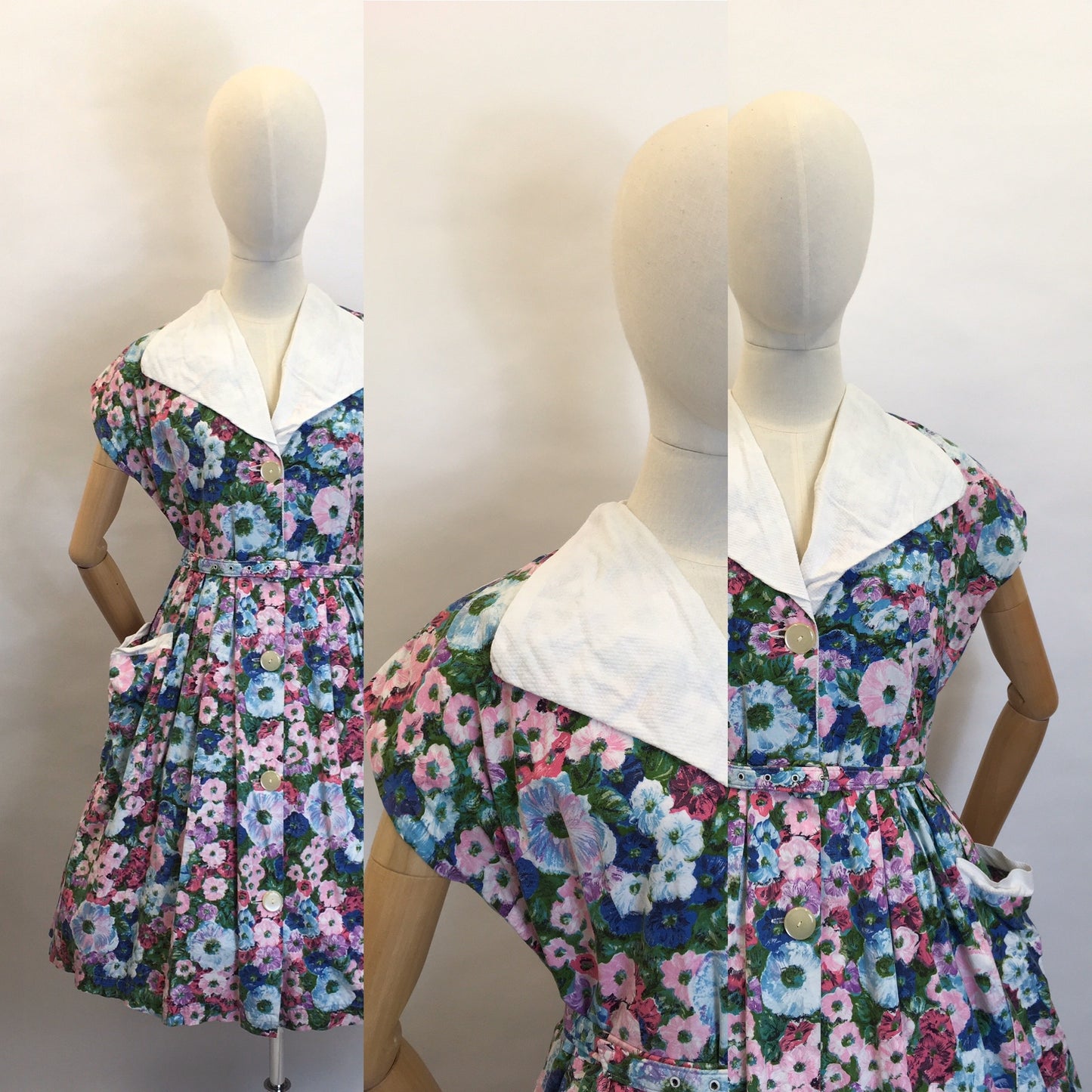 Original 1950's Floral Cotton Day Dress - Fabulous Collar and Big Pockets