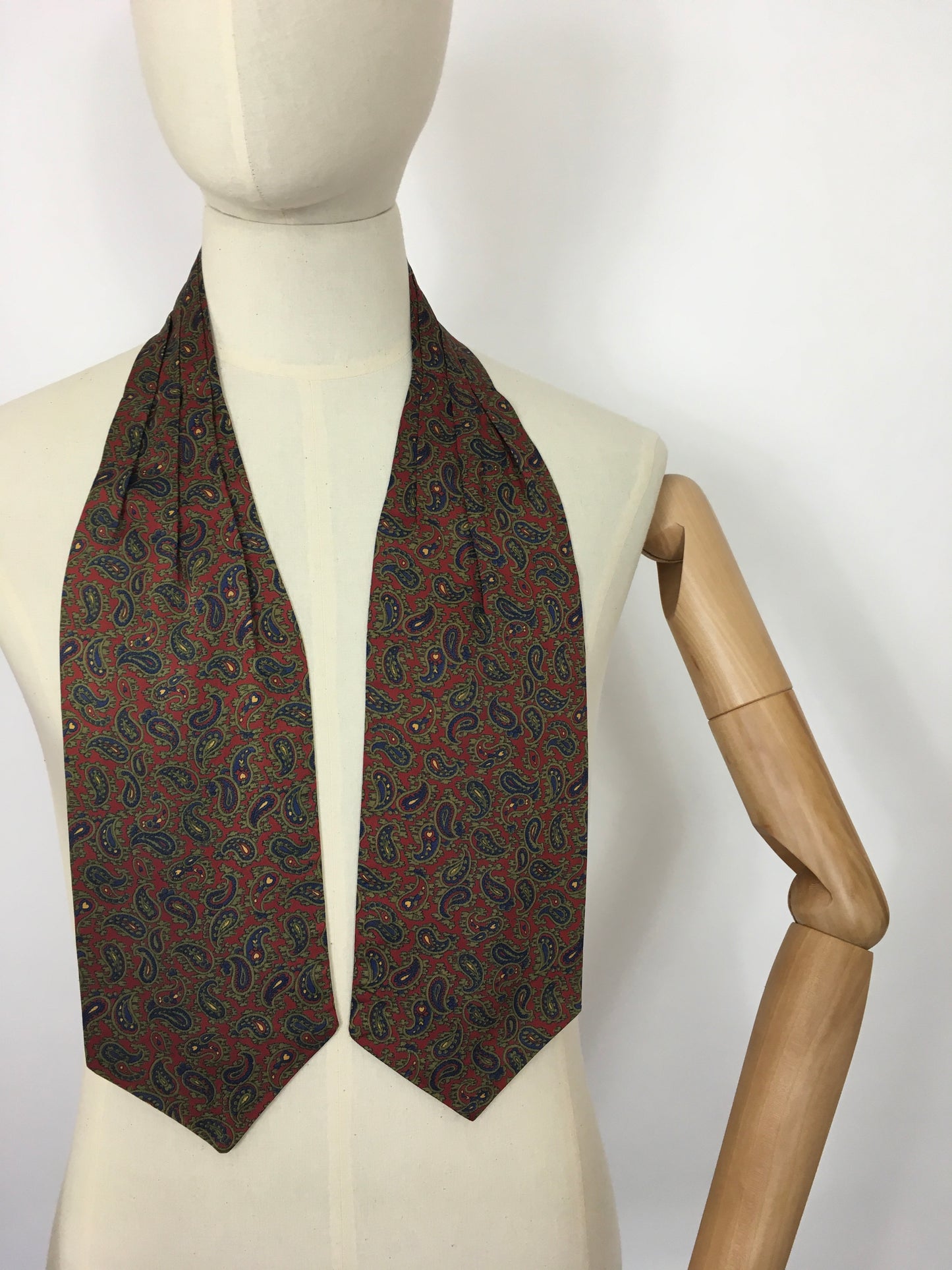 Original 1950’s Mens Silk  ‘ Sammy ‘ Label Cravat - In a Paisley Print featuring burgundy, blue, green and yellow