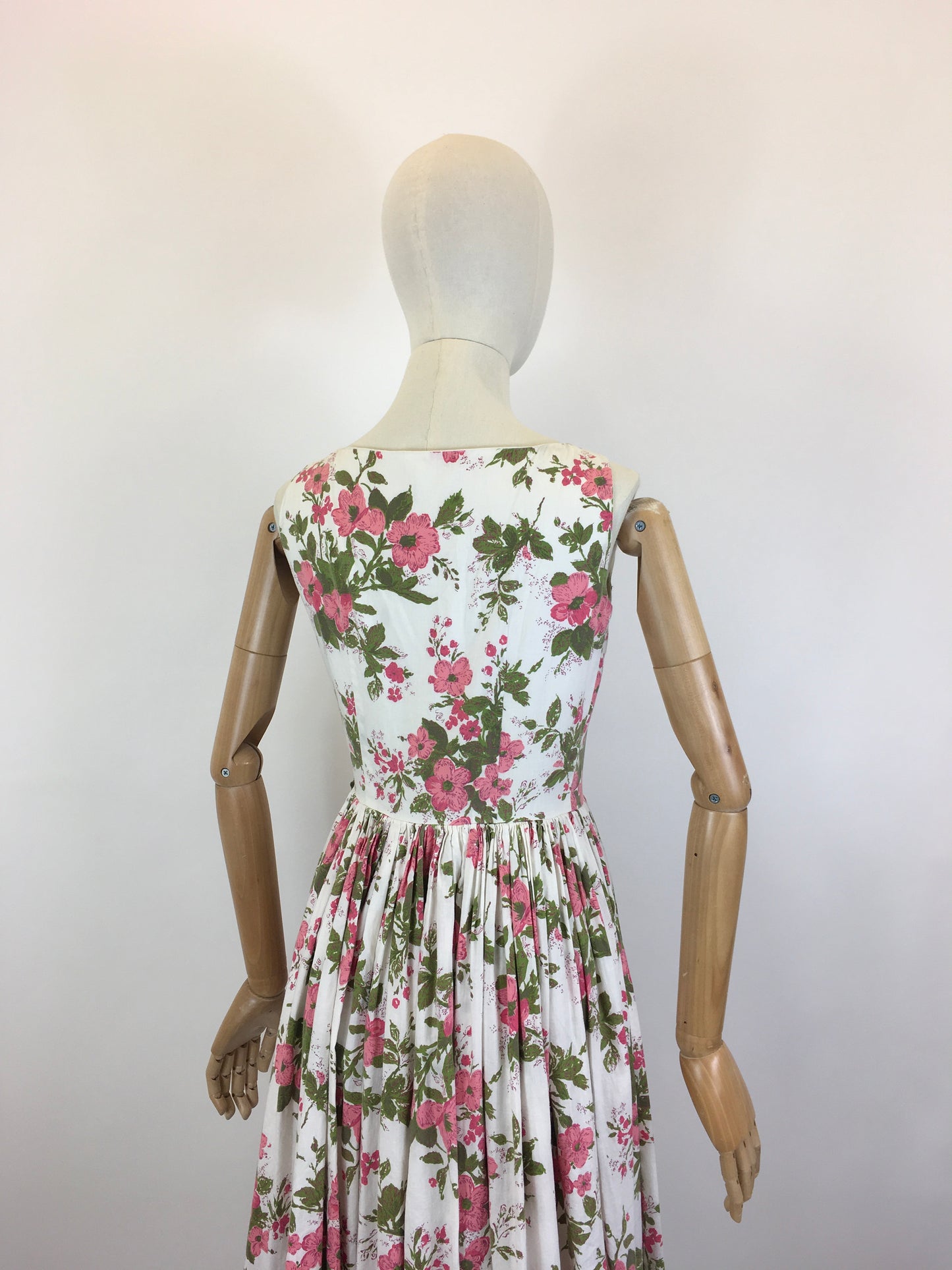 Original 1950’s Darling Cotton Sundress - In A Pink Floral with Green Fauna