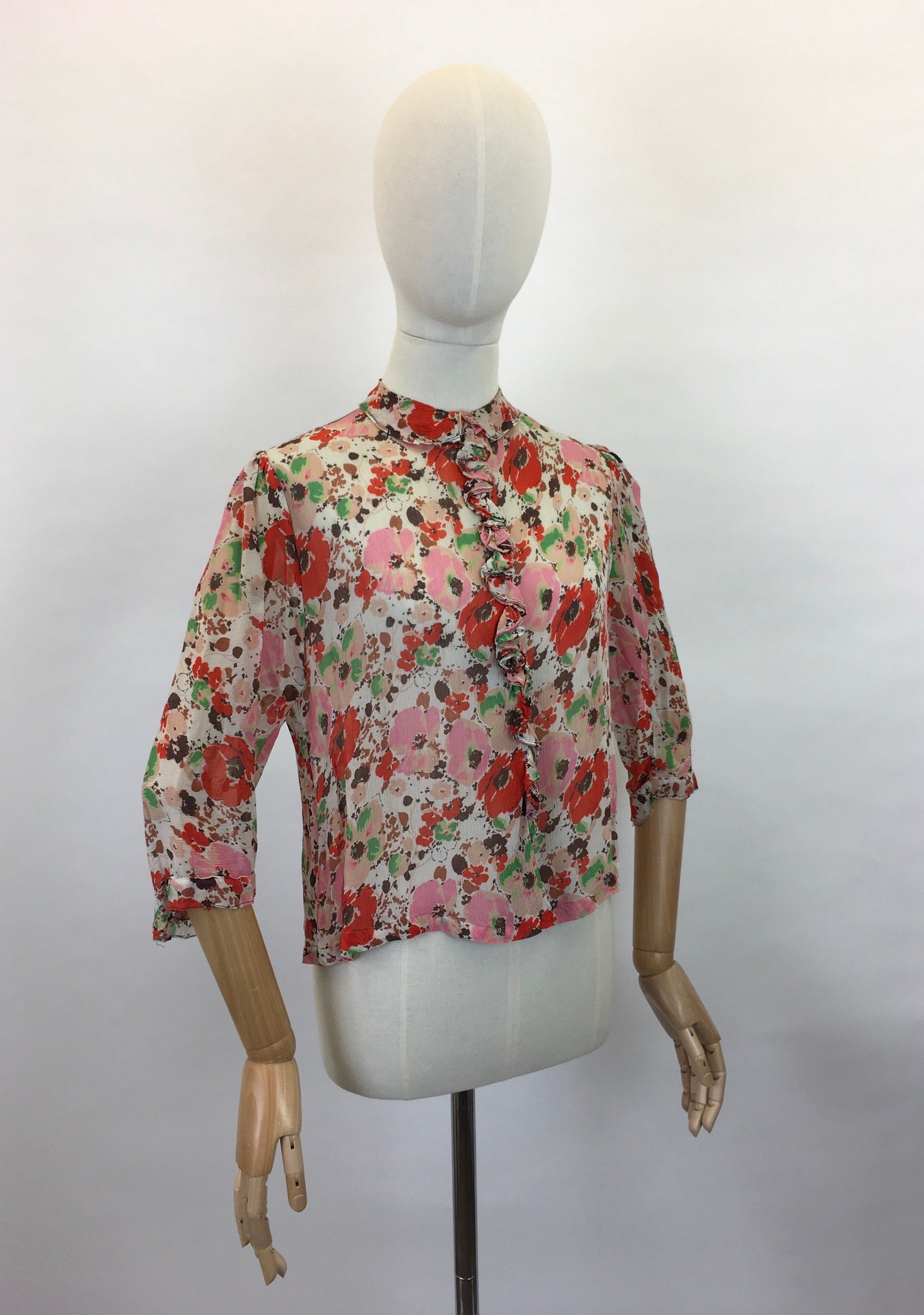 Original 1930s Floral Chiffon Blouse - Exquisite Colour Pallet Of An English Floral Meadow