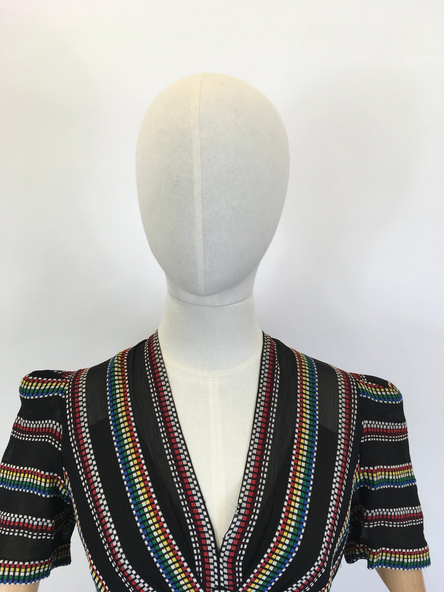 Original 1930’s Stunning Dress in a Sheer Crepe - With A Multicoloured Embroidered Weave