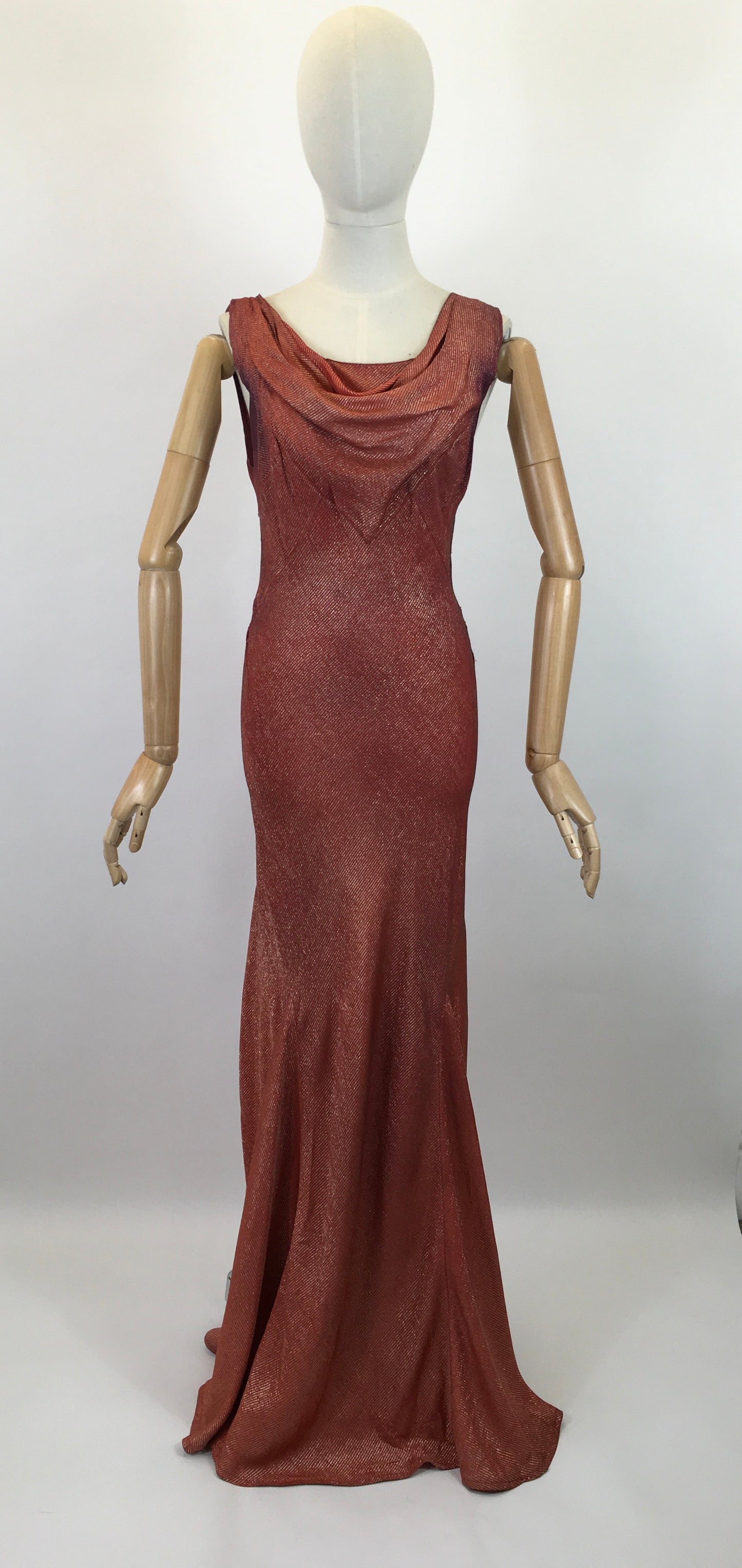 Original SENSATIONAL 1930's Evening Gown with Capelet - In Burnt Orange and Gold Lame with Rabbit Fur Trim