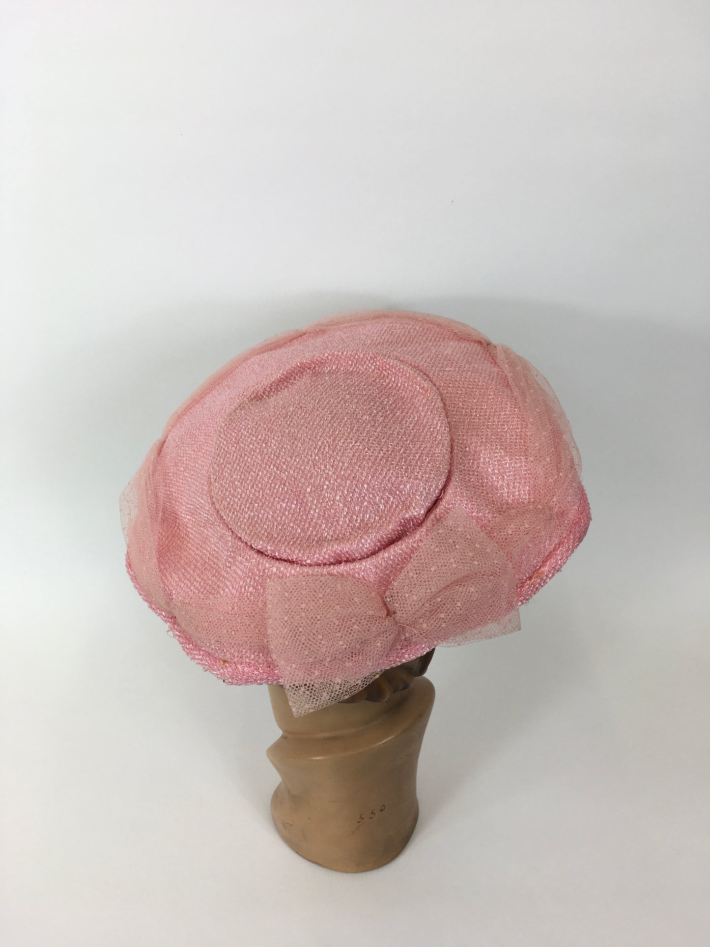 Original 1950’s Darling Powder Pink Platter Hat - With Attached Polka Dot Veiling and Bow