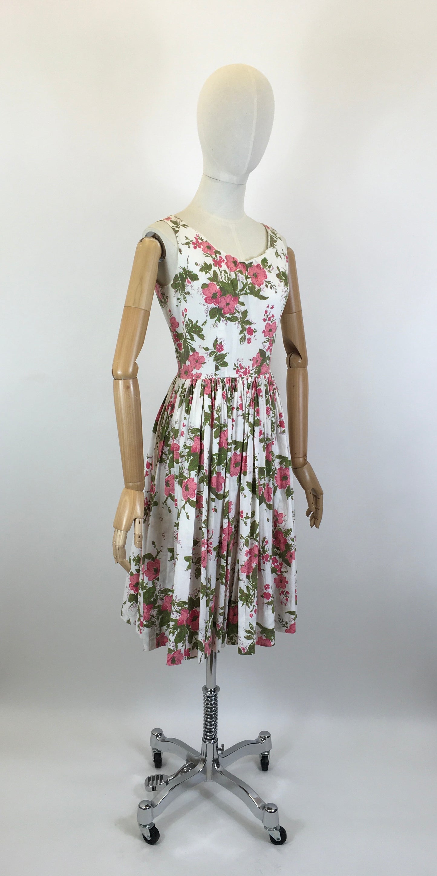 Original 1950’s Darling Cotton Sundress - In A Pink Floral with Green Fauna