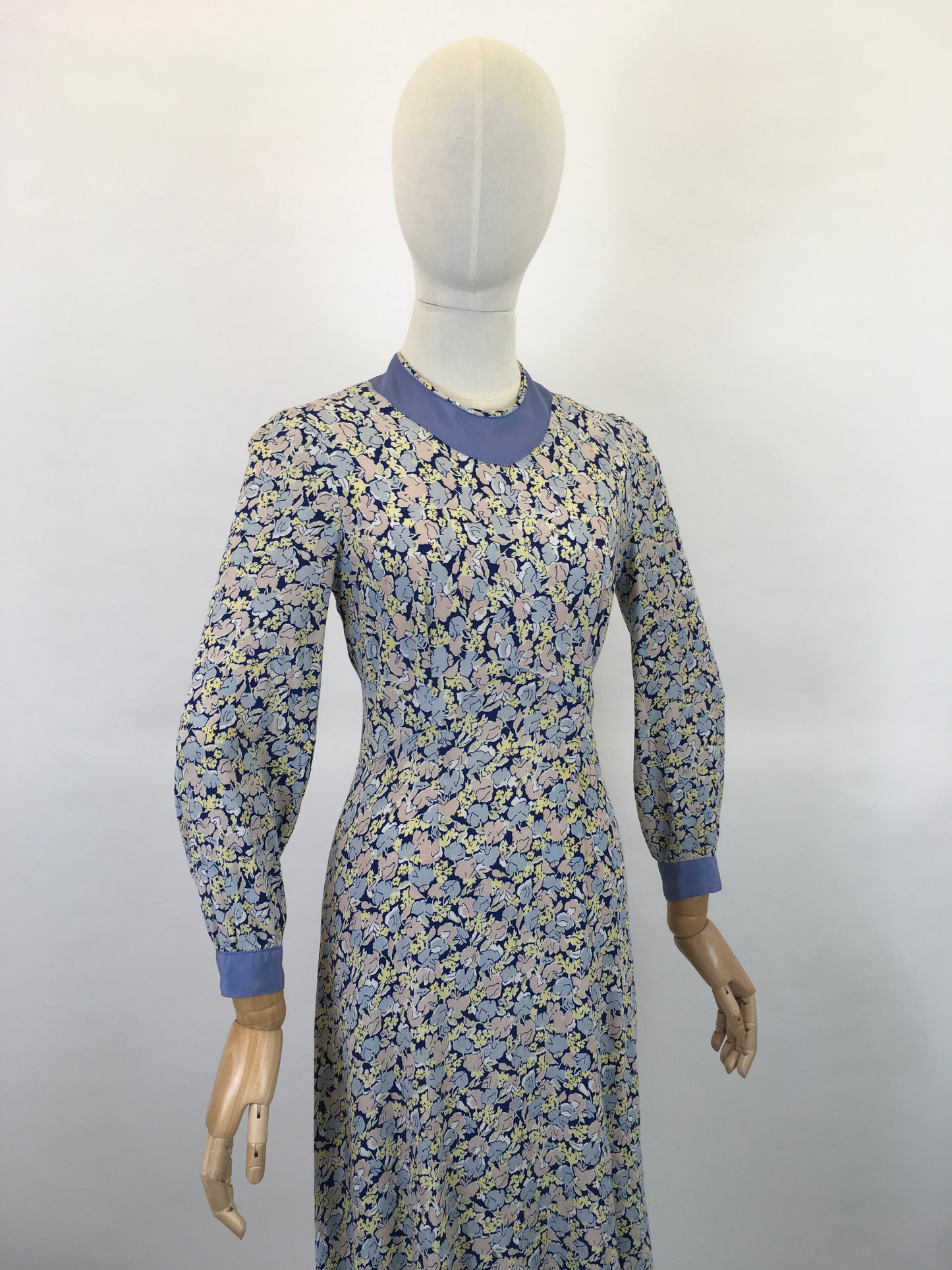 Original 1930’s Crepe Floral Day Dress - In A Pallet of Soft Pastels : Powdered Blue, Delicate Rose and Buttery Yellow