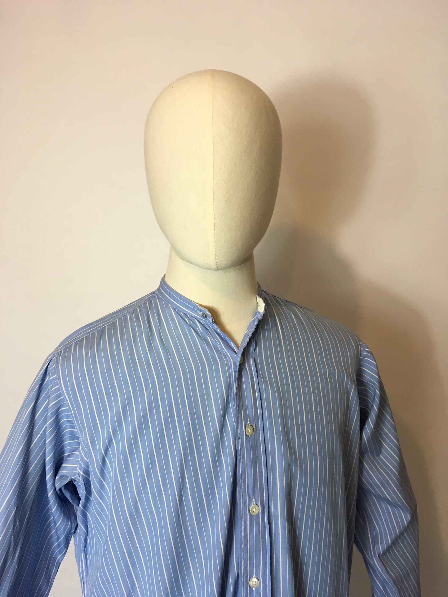 Original 1940’s CC41 Utility St Michael Collarless Shirt - In a Lovely Blue and White Stripe
