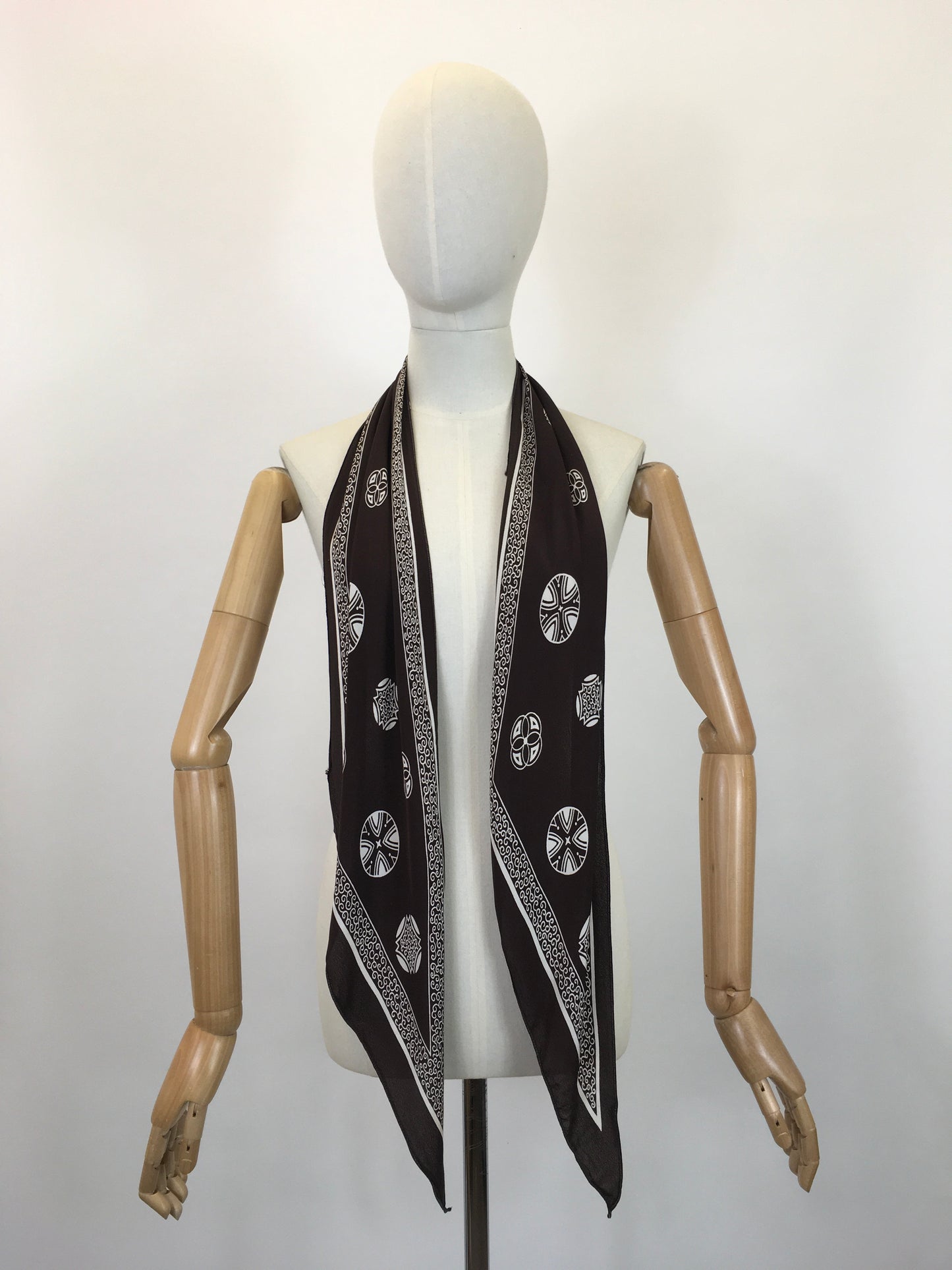 Original 1930's / 1940's Rayon Silk Deco Scarf - In A Chocolate Brown and Off White