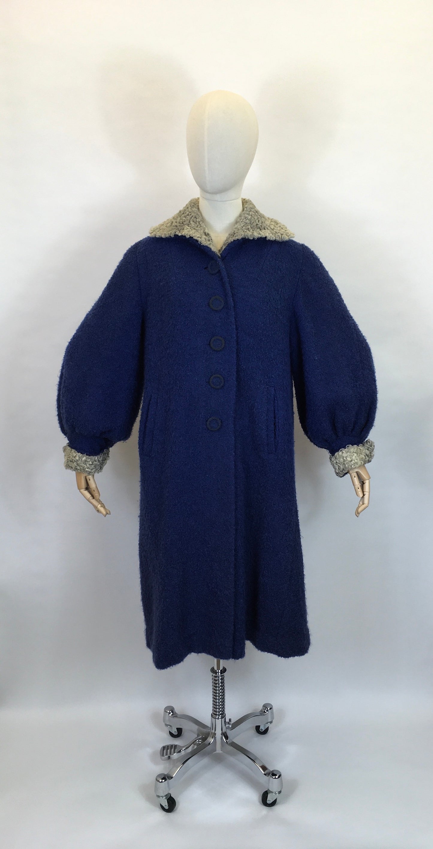 Original 1940’s Amazing Boucle Wool Coat with Astrakhan Trim - In a Royal Blue and Soft Grey