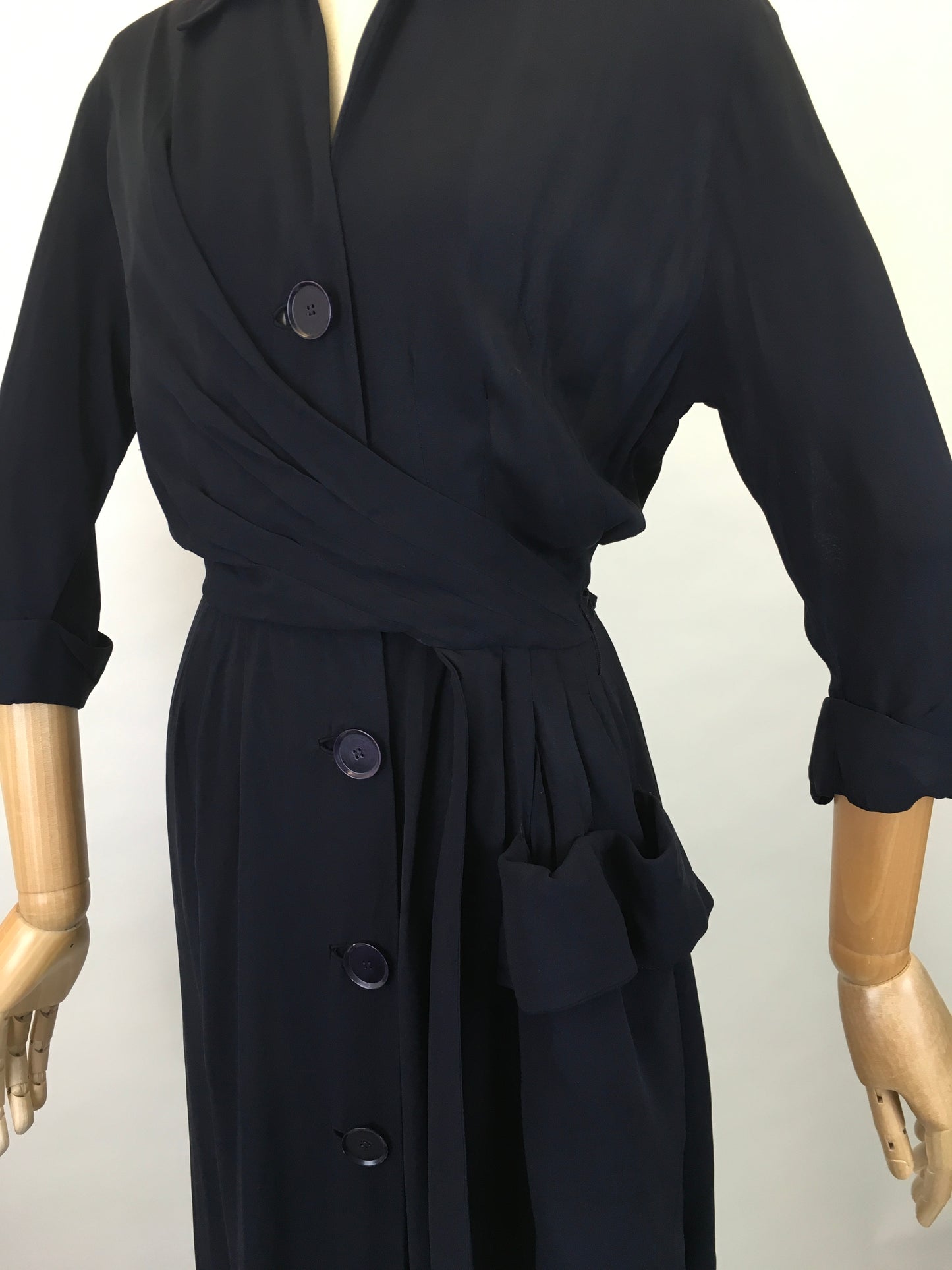 Original 1940s Stunning ‘ Herbert Stonheim ‘ Couture Dress - In a Navy Sheer Rayon with Wrap Hip Swag and Pocket