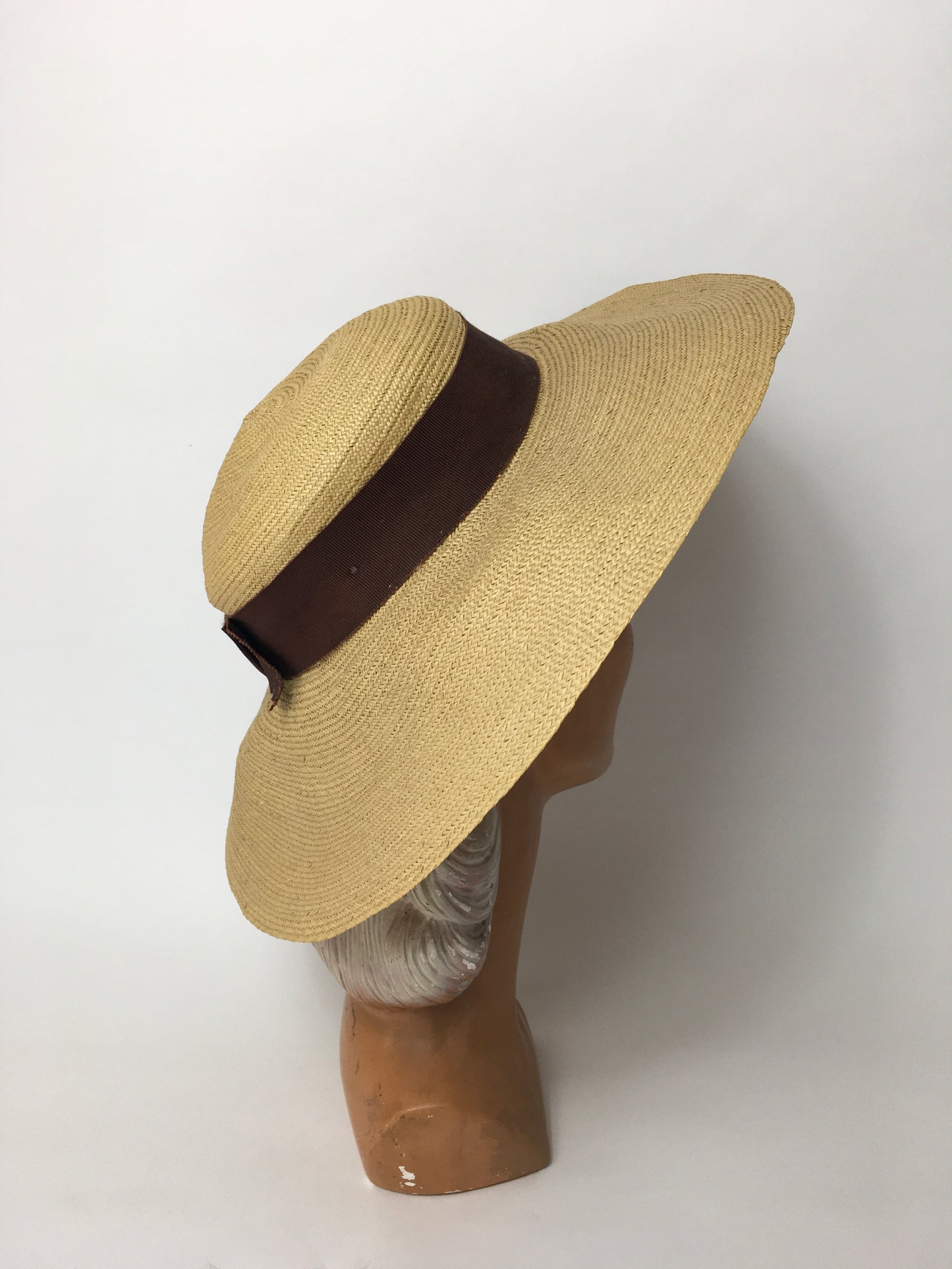 Original 1930’s Straw Hat with Brown Grosgrain Ribbon Trim - A Festival Of Vintage Fashion Show Exclusive