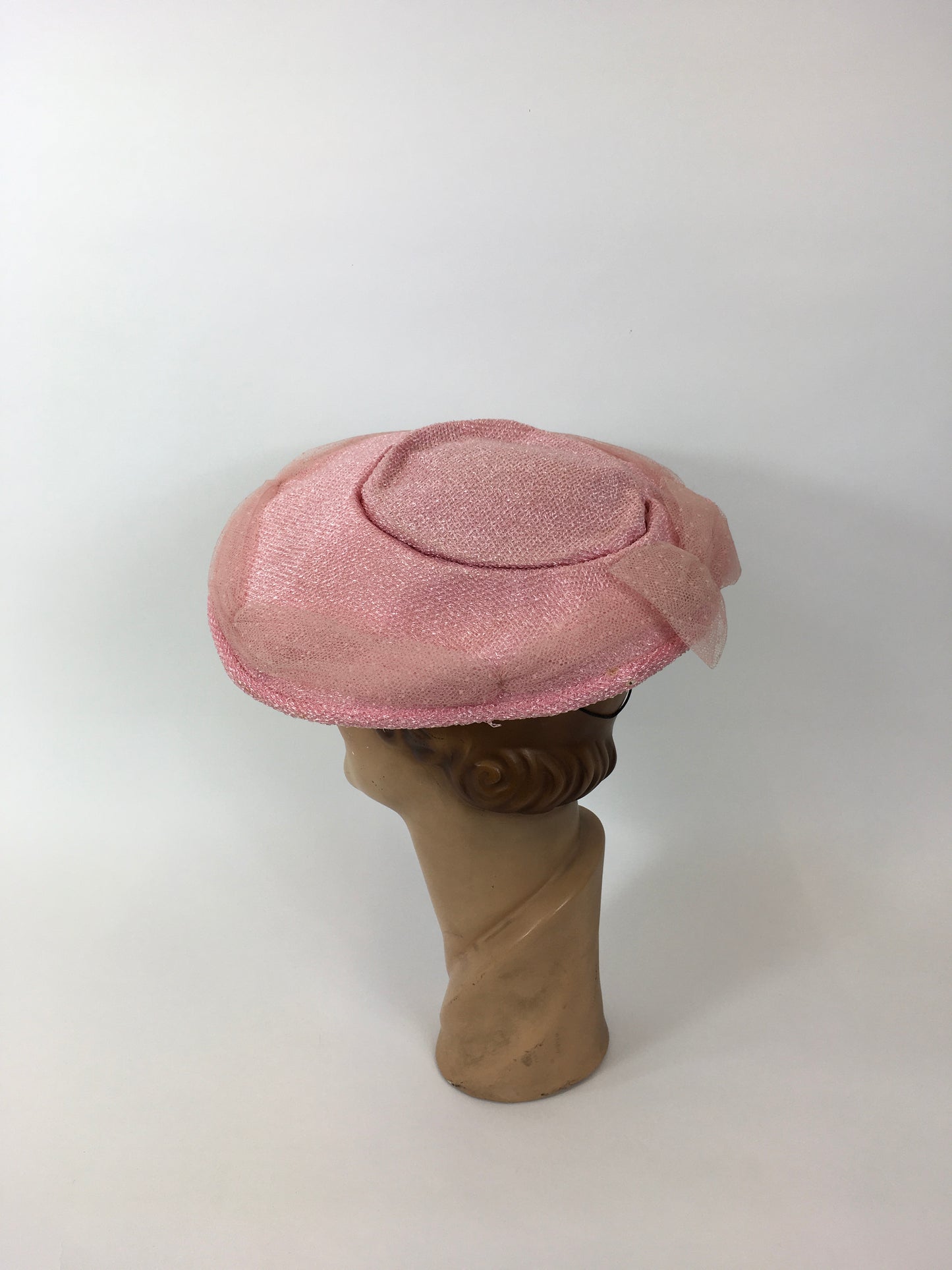 Original 1950’s Darling Powder Pink Platter Hat - With Attached Polka Dot Veiling and Bow