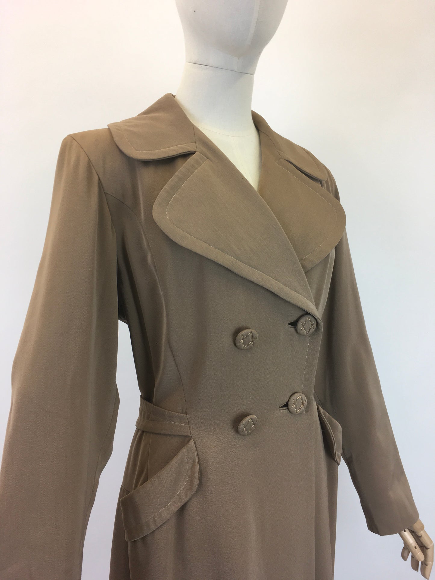 Original 1940's American Warm Taupe Gabardine Coat - With Stunning Pleated Back Detailing