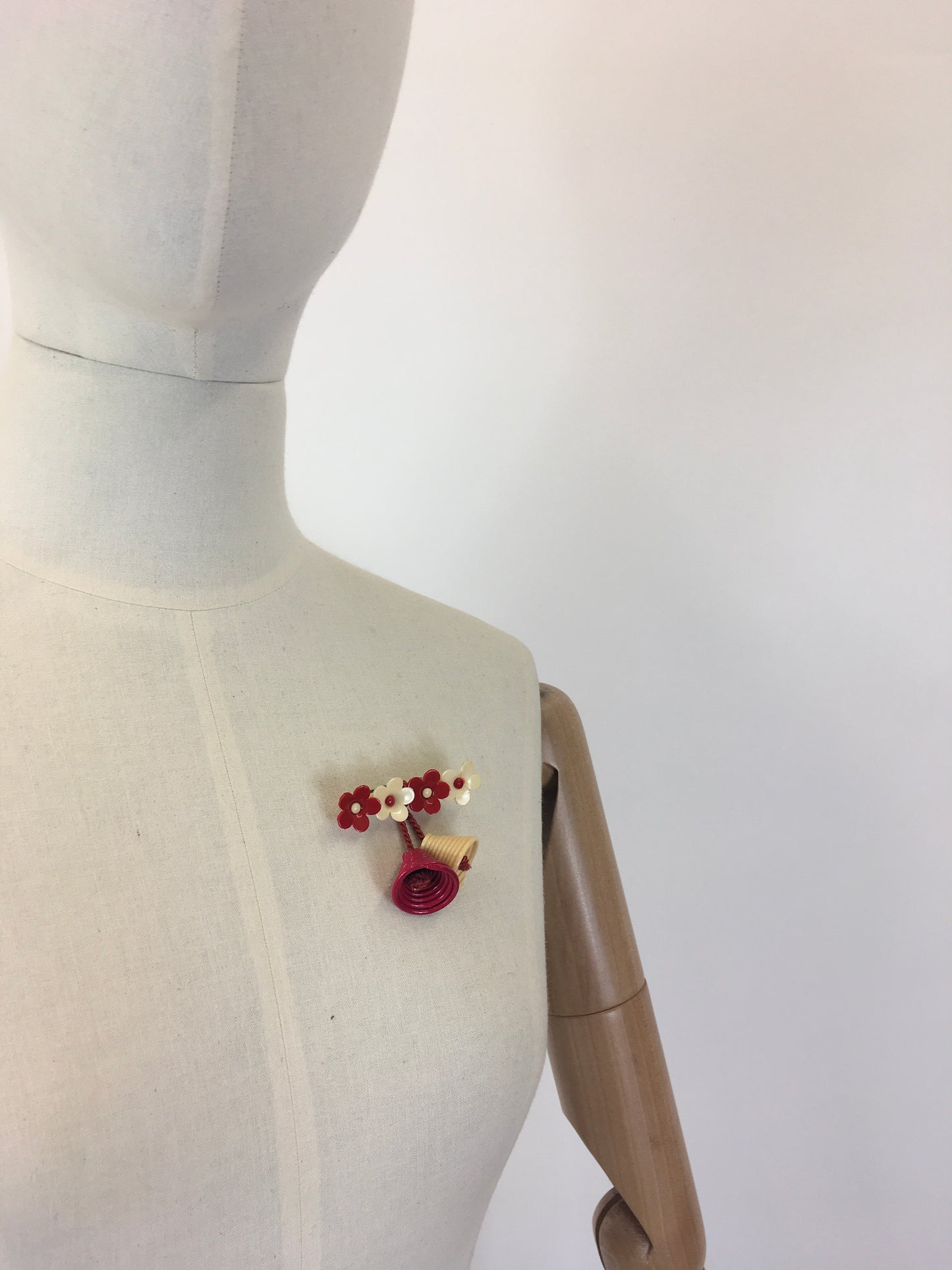 Original 1940's Celluloid Floral Bar Brooch - In Cream and Red with Dangling Bells