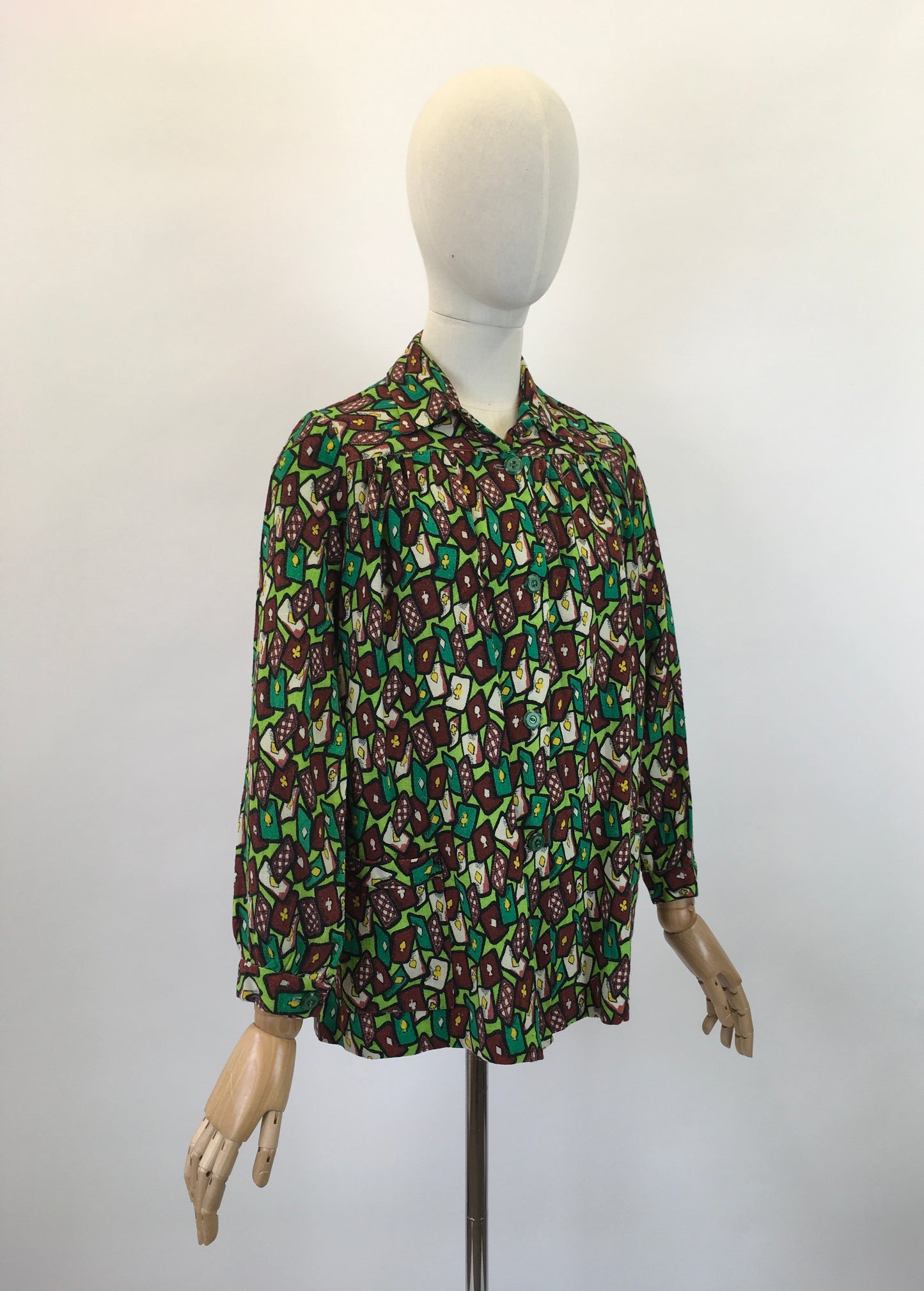 Original 1940's Fabulous Novelty Print ' Playing Cards' Smock - In Chartreuse, Emerald Green, Yellow & Brown