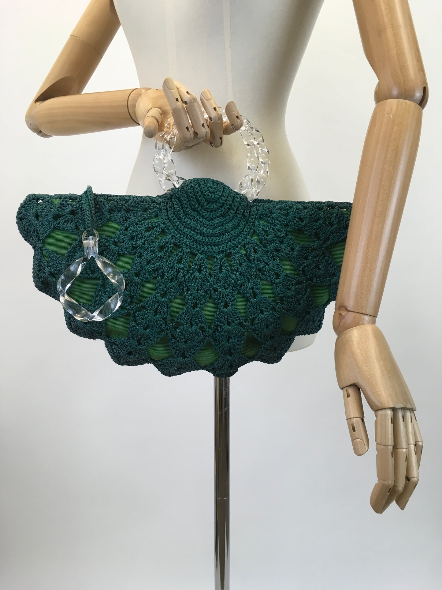 Original 1940's Sensational Crochet and Lucite Fan Handbag - In A Bottle Green