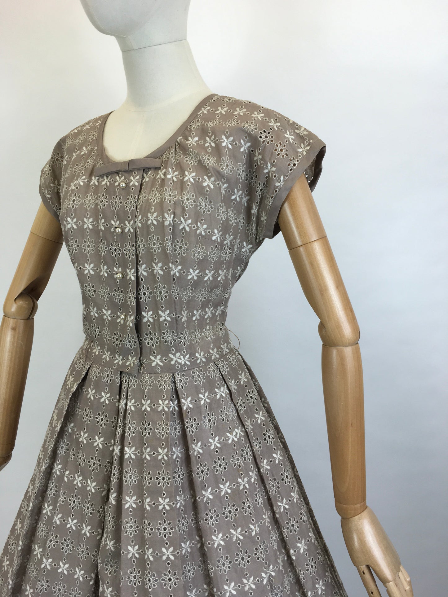 Original 1950’s Darling Broderie Anglaise Cotton Day Dress - In a Soft Fawn with White Accents