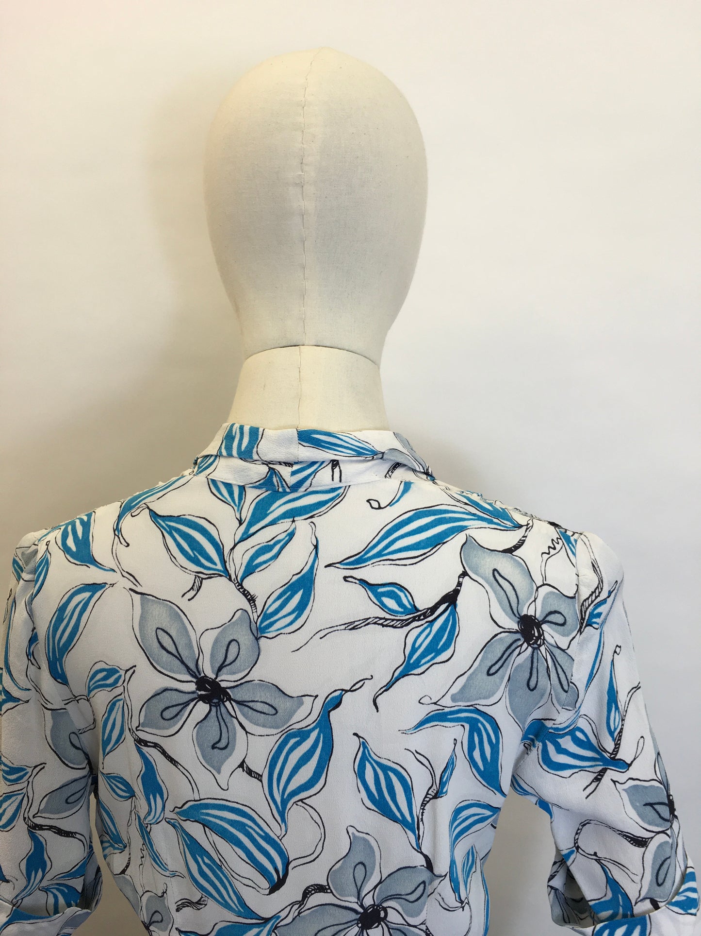 Original 1940’s Crepe Day Dress - Lovely Stencilled Floral in Blues, Blacks and Slate Greys