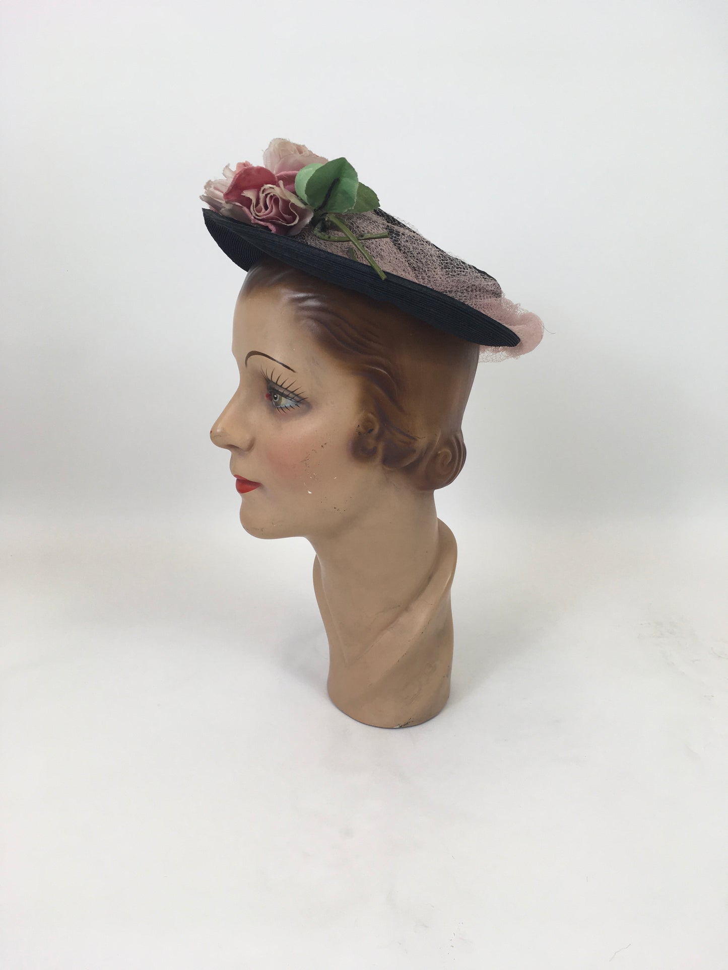 Original 1930's / 1940's Open Crown Hat - In Black with Original Floral Velvet Millinery Adornments