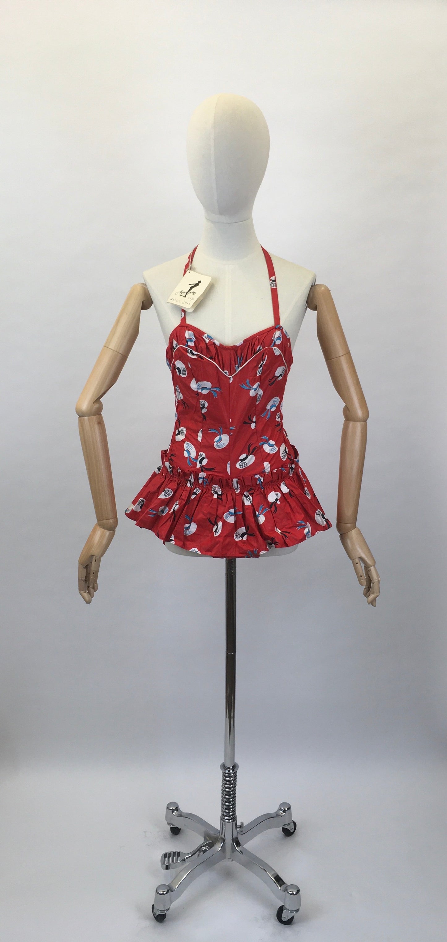 Original 1950s early 1960’s Deadstock ‘ Aquapoise’ Novelty Swimsuit - In a Fabulous Hat Print on Lipstick Red Cotton