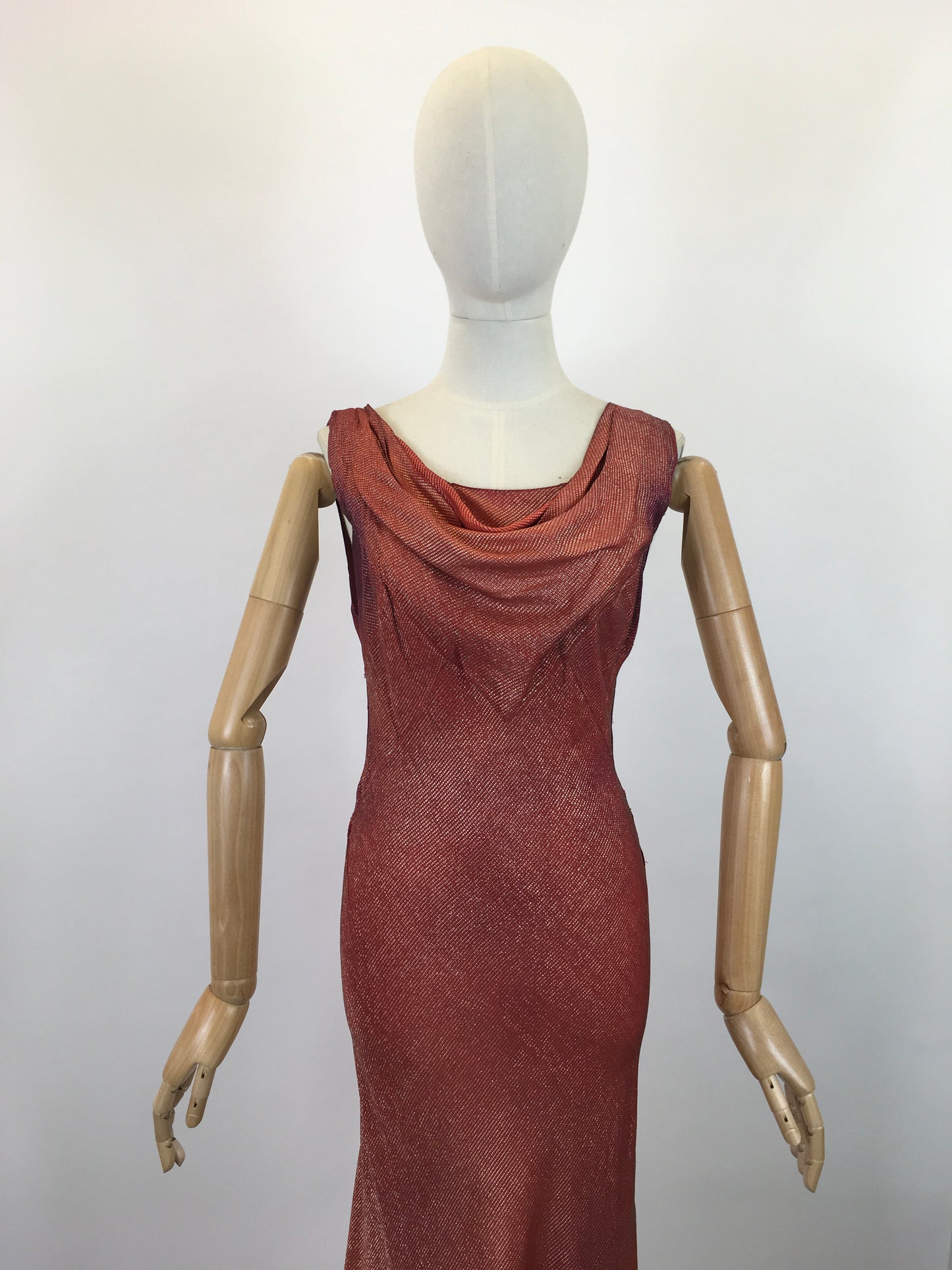 Original SENSATIONAL 1930's Evening Gown with Capelet - In Burnt Orange and Gold Lame with Rabbit Fur Trim