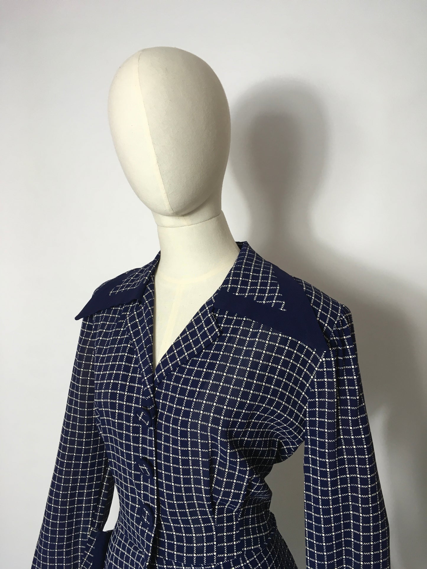 Original 1940’s Illusion Dress with Sharp Collar - Contrast Check & Navy Rayon