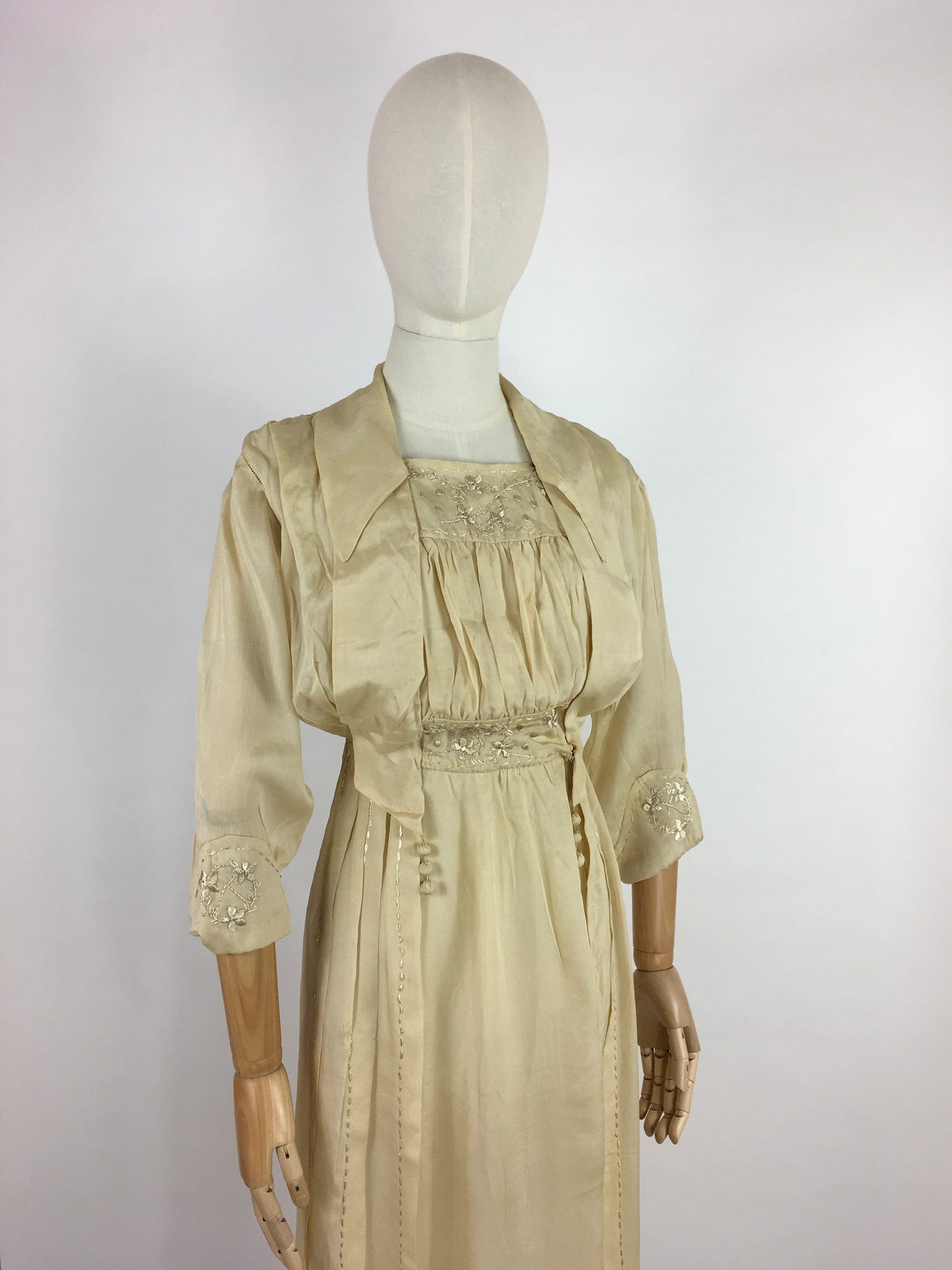 Original Early 1910’s Dress - Made from The Most Beautiful Buttermilk Cream Raw Silk with Exquisite Antique Detailing