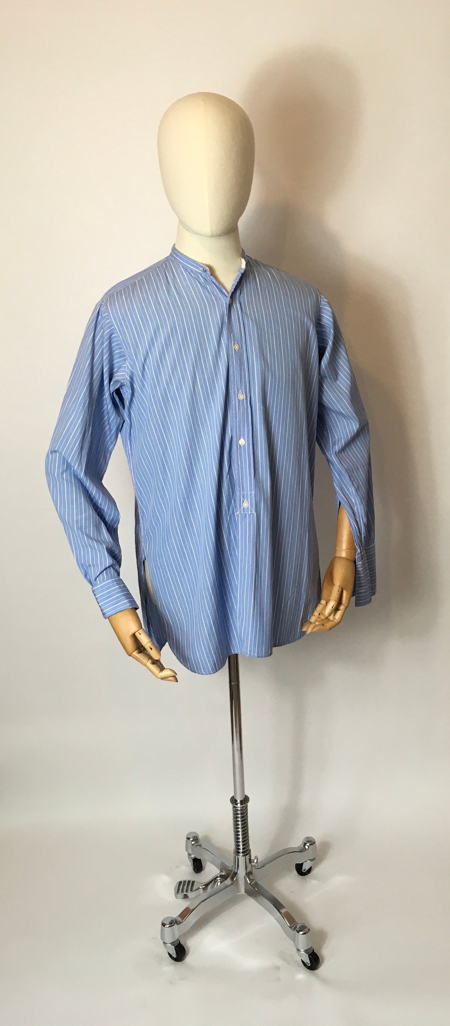 Original 1940’s CC41 Utility St Michael Collarless Shirt - In a Lovely Blue and White Stripe