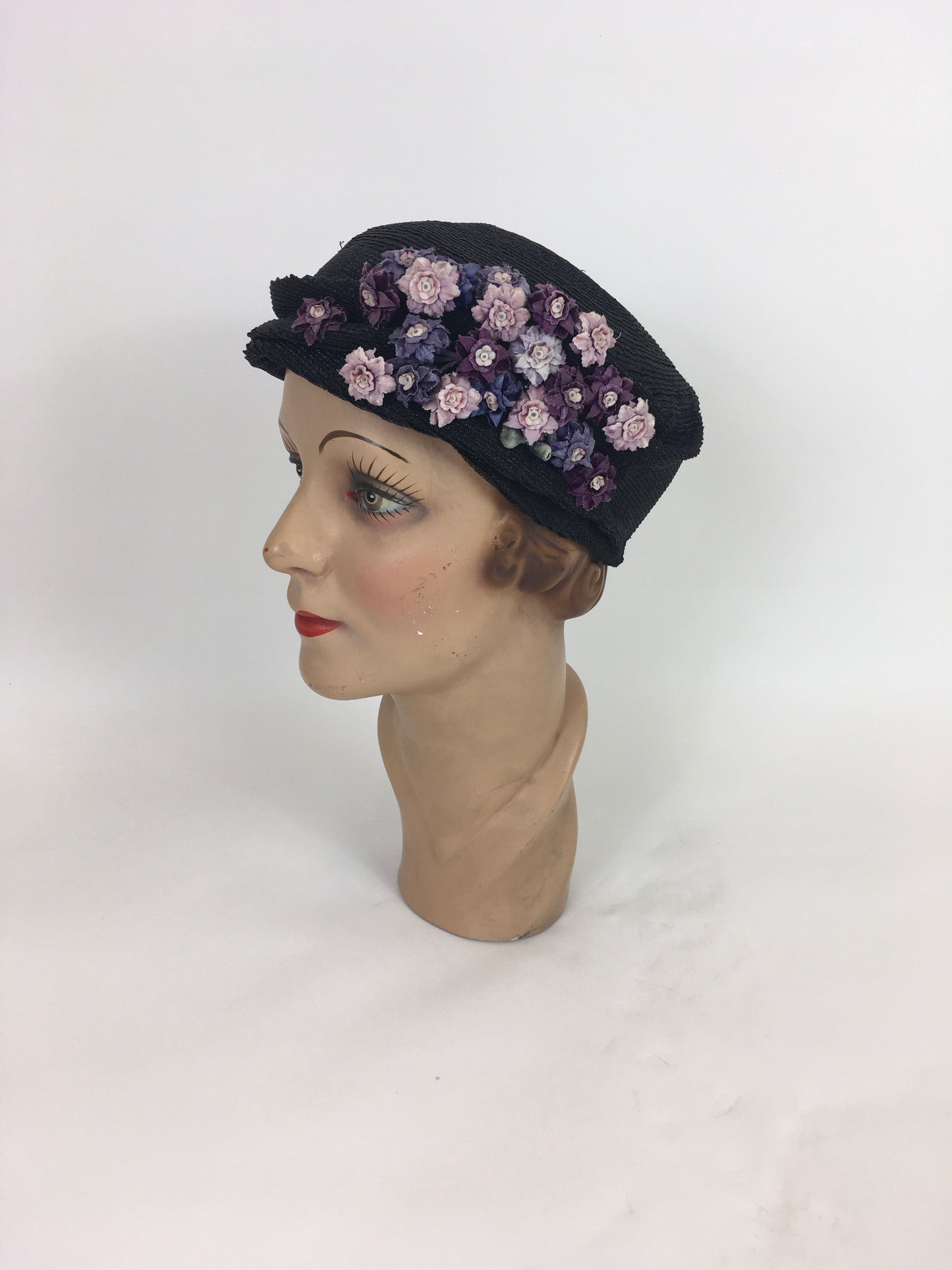 Original 1930’s Amazing Black Straw Hat - Adorned with Soft Mauve, Rich Purples and Violet Velvet Flora