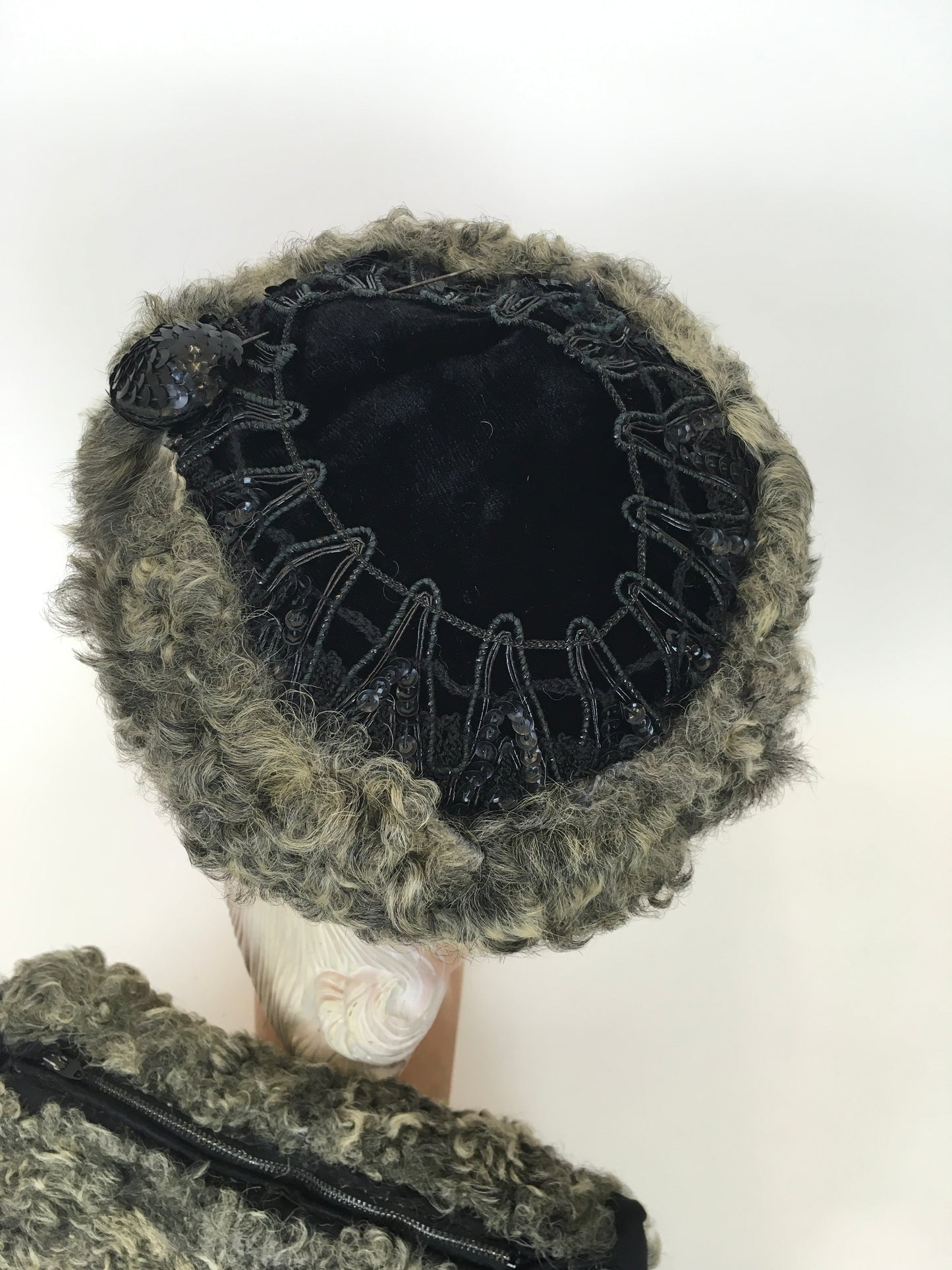 Original 1940s Gorgeous Hat & Muff 2pc Set - In a Lovely Grey Astrakhan and Black Velvet with Trim