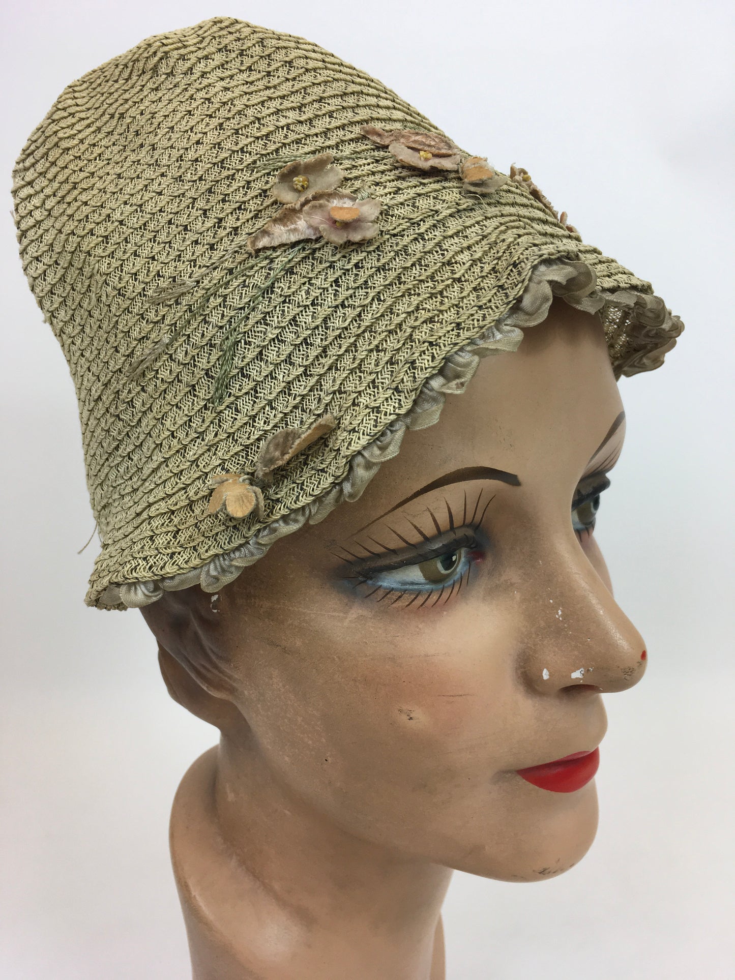 Original 1920's Darling Fabric Cloche Hat by ' Migola Reg'd' - With Dainty Velvet Floral Trims