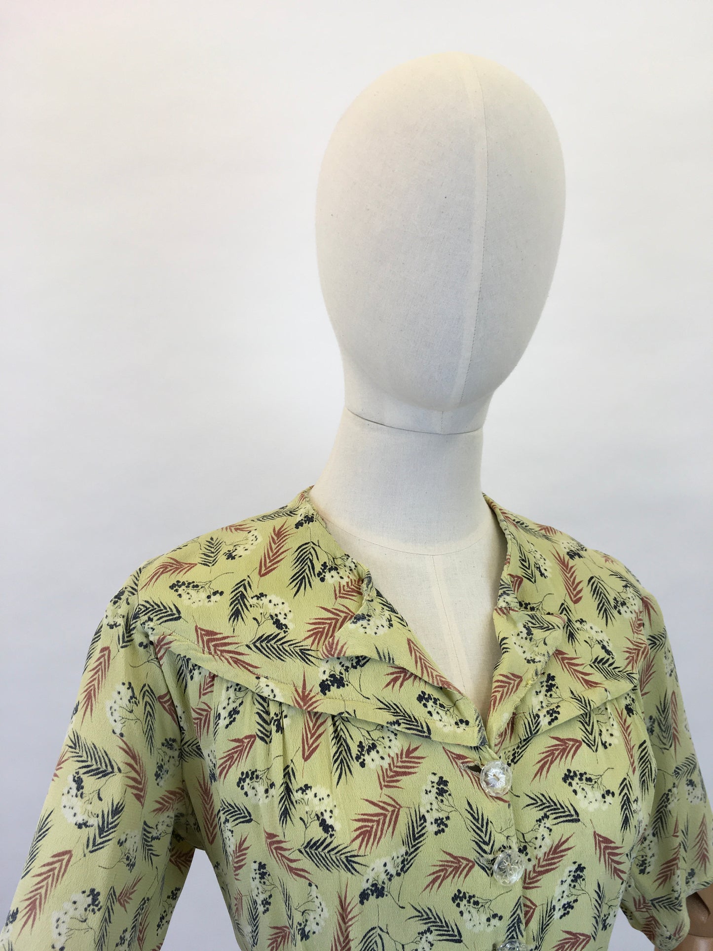Original 1940s Day Dress - In a Lovely Chartreuse Crepe with Wheat / Leaf Print In Charcoal, Rust and White