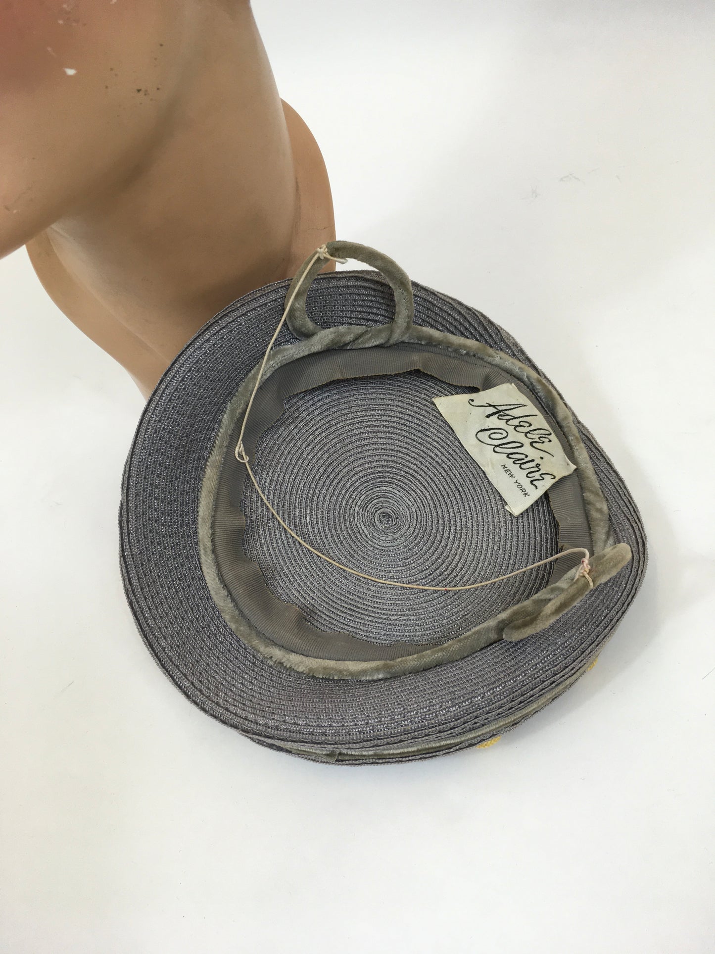 Original Late 1940's Stunning Headpiece - In Powder Grey & Primrose Yellow Polka Dots