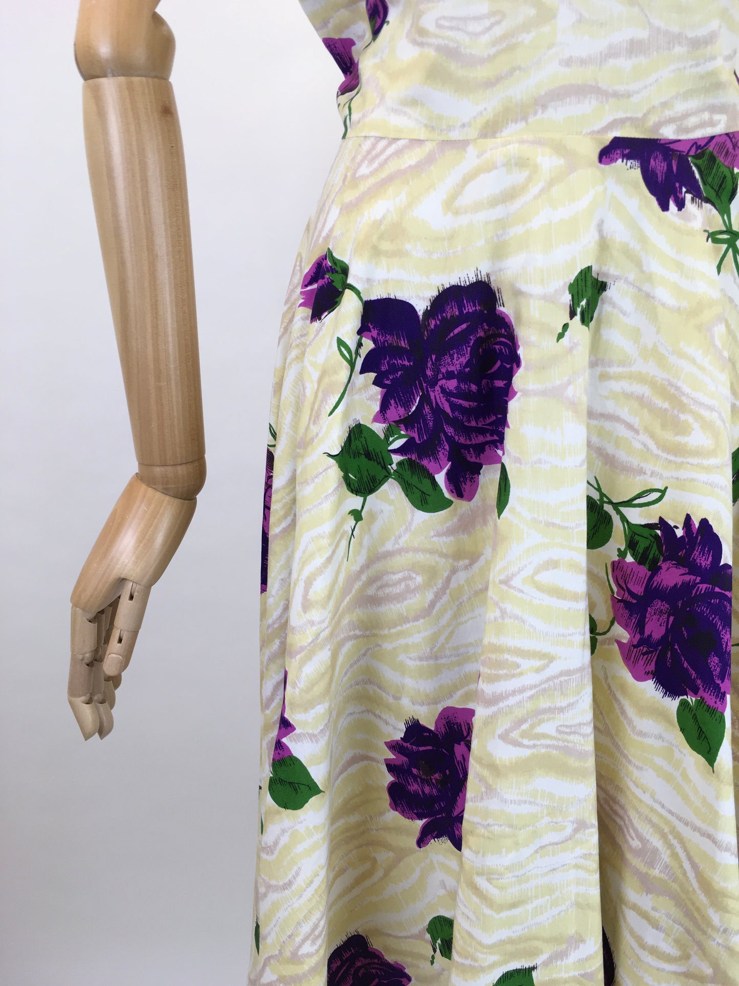 Original 1950s Darling Dress By ‘ Coopella’ - In a Lightweight Cotton In Yellow Swirls with Rich Purple Roses