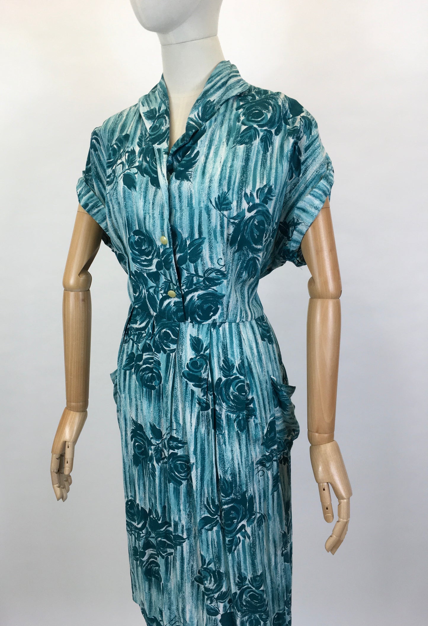 Original 1950’s VOLUP Cotton Day Dress - In A Lovely Rich Teal Colour Floral