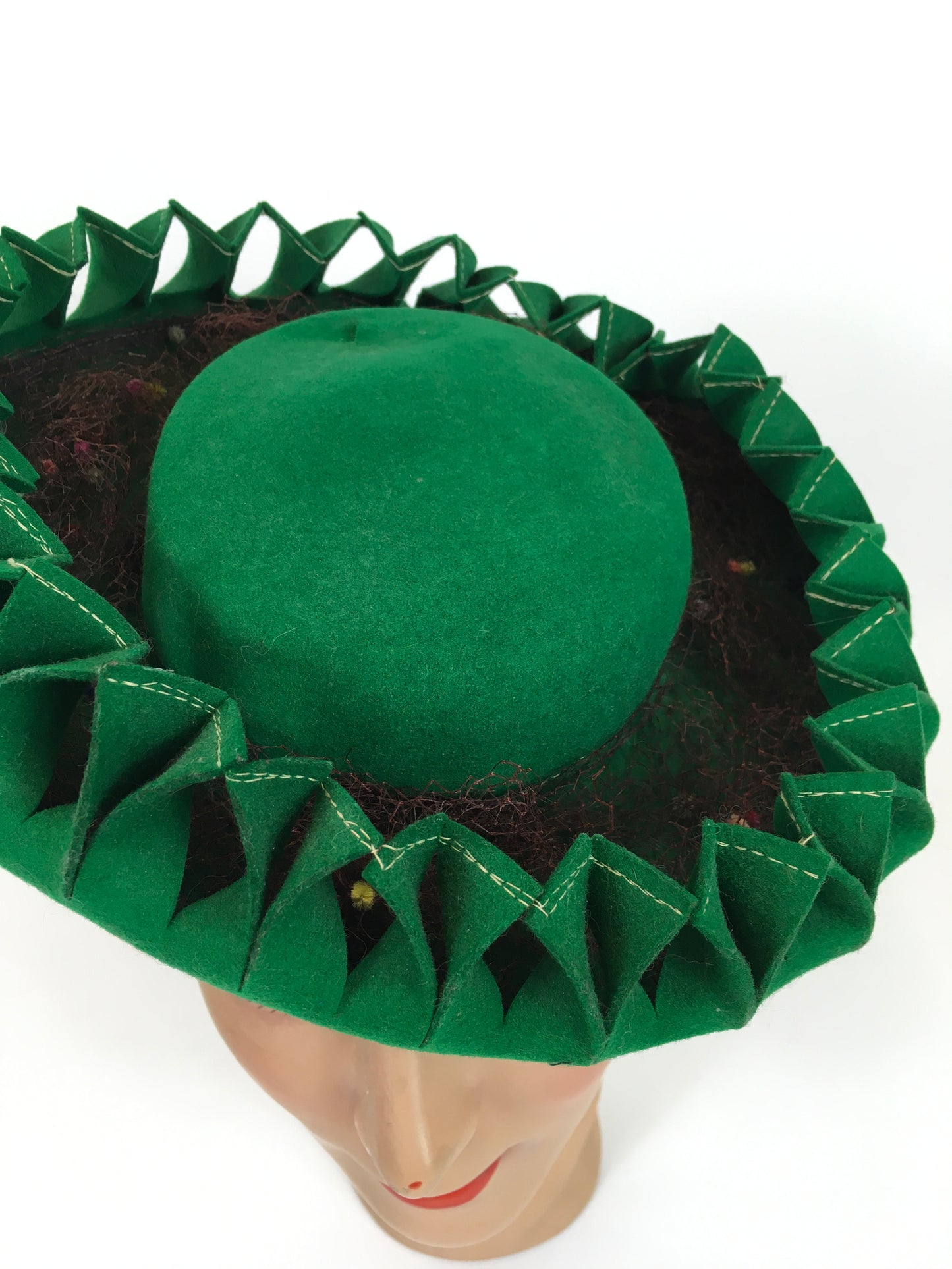 Original 1940’s SENSATIONAL Bottle Green Pancake Hat - With Cutwork and Multi Colour Veiling