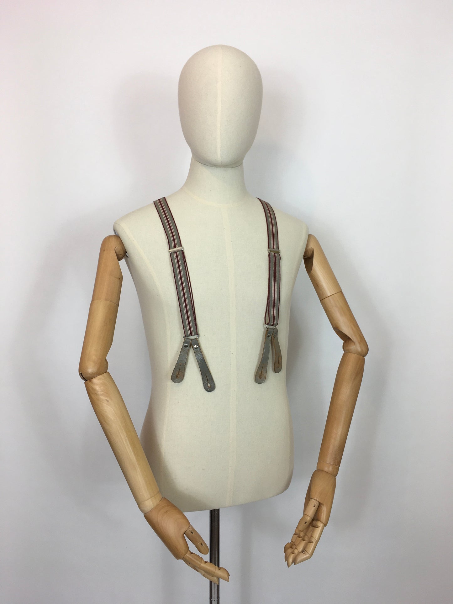 Original 1940s Mens Braces with Grey Leatherwork - In A Burgundy and Grey Stripe