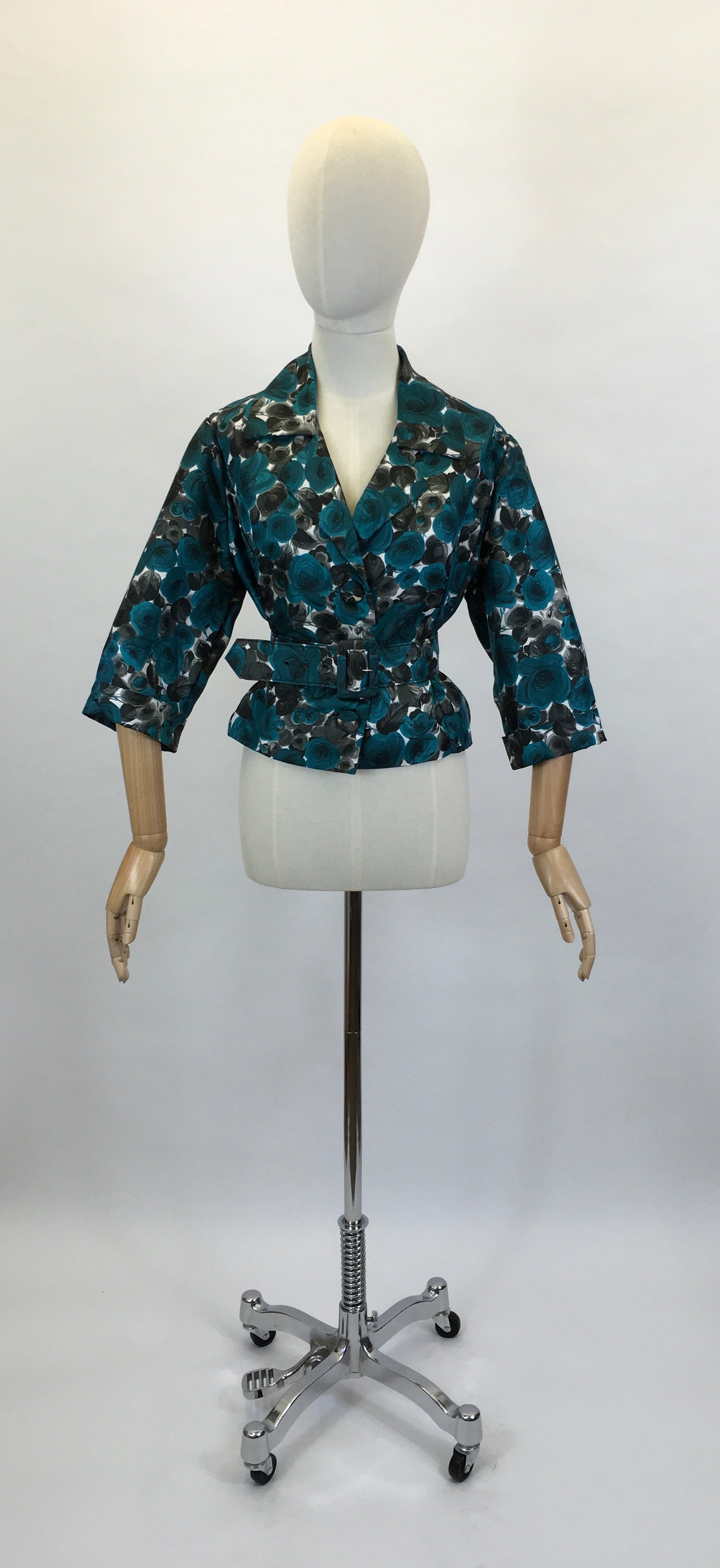 Original 1950’s Floral Jacket & Belt Set - In A Bright Turquoise, White and Charcoal